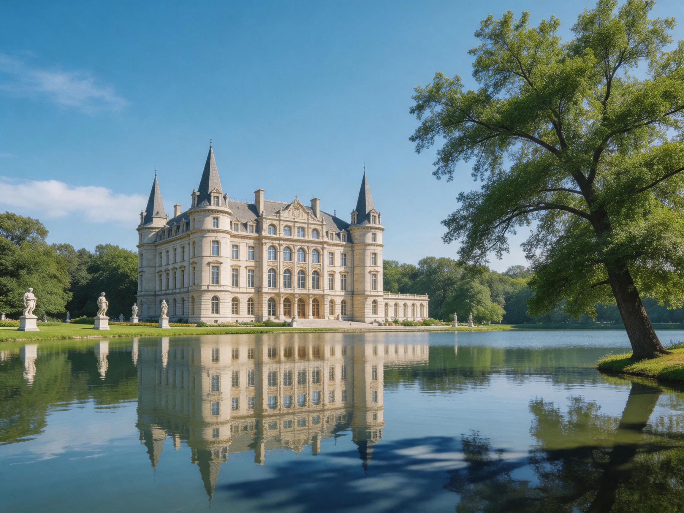 A grand stone chateau reflected in tranquil blue waters