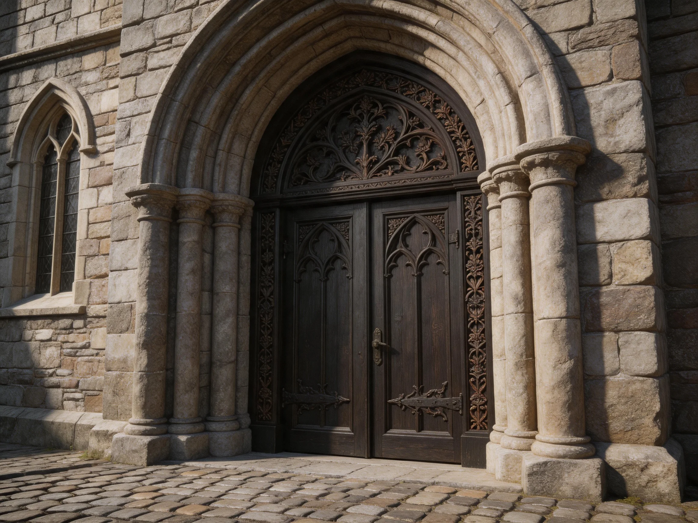 A grand stone church entrance with ornate wooden doors