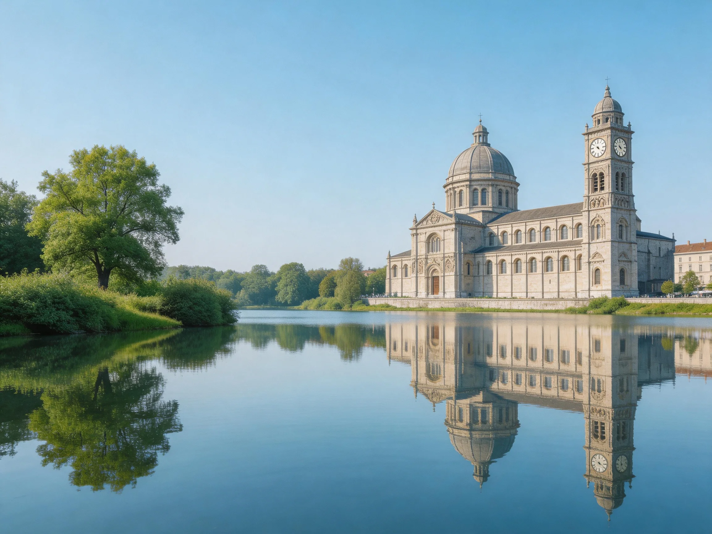 A grand stone church reflects in calm blue waters beside lush greenery