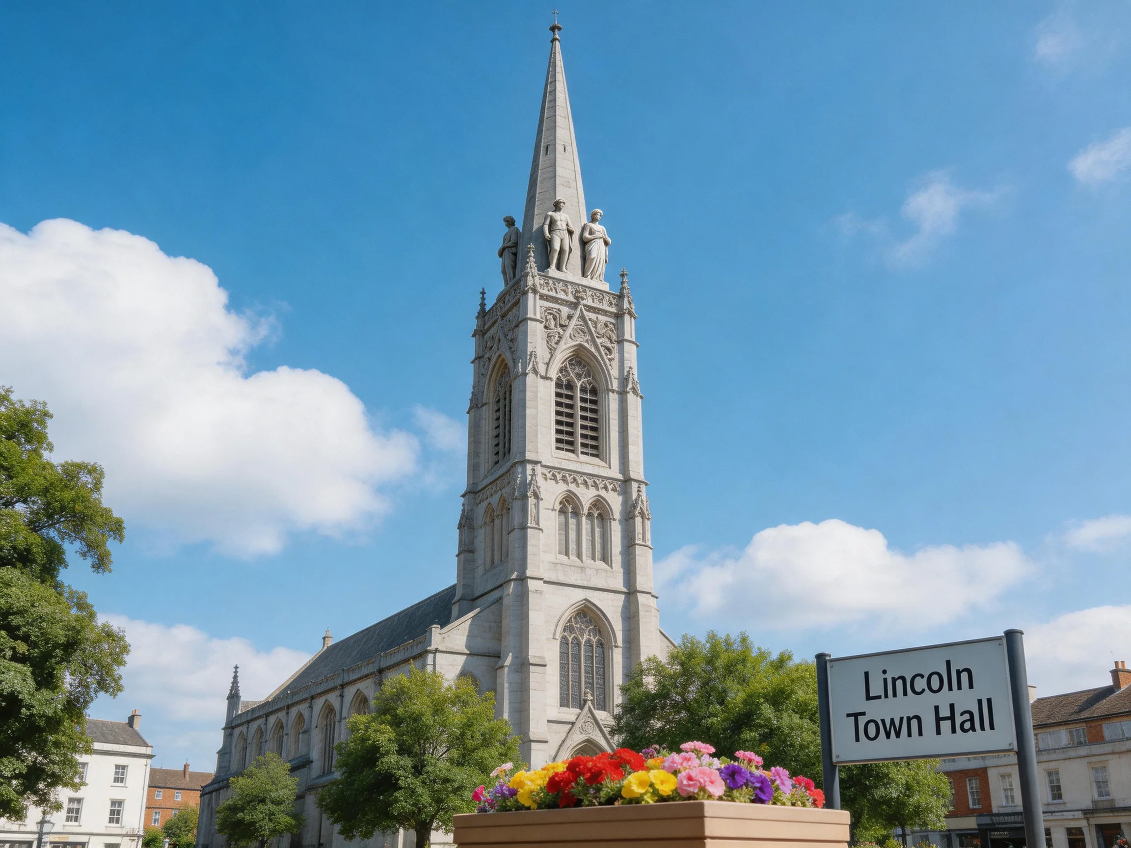 A grand stone church tower beside Lincoln Town Hall with colorful flowers