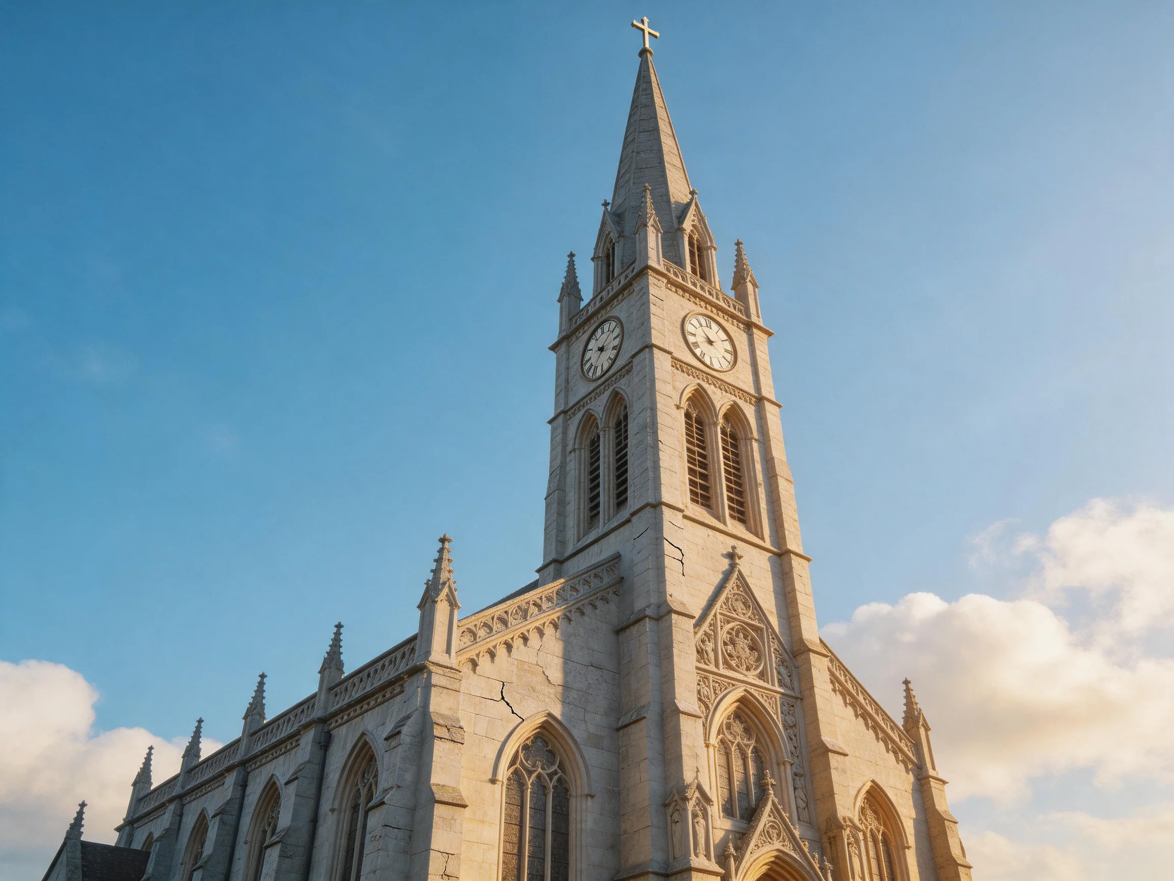 A grand stone church tower with clock faces under clear blue sky