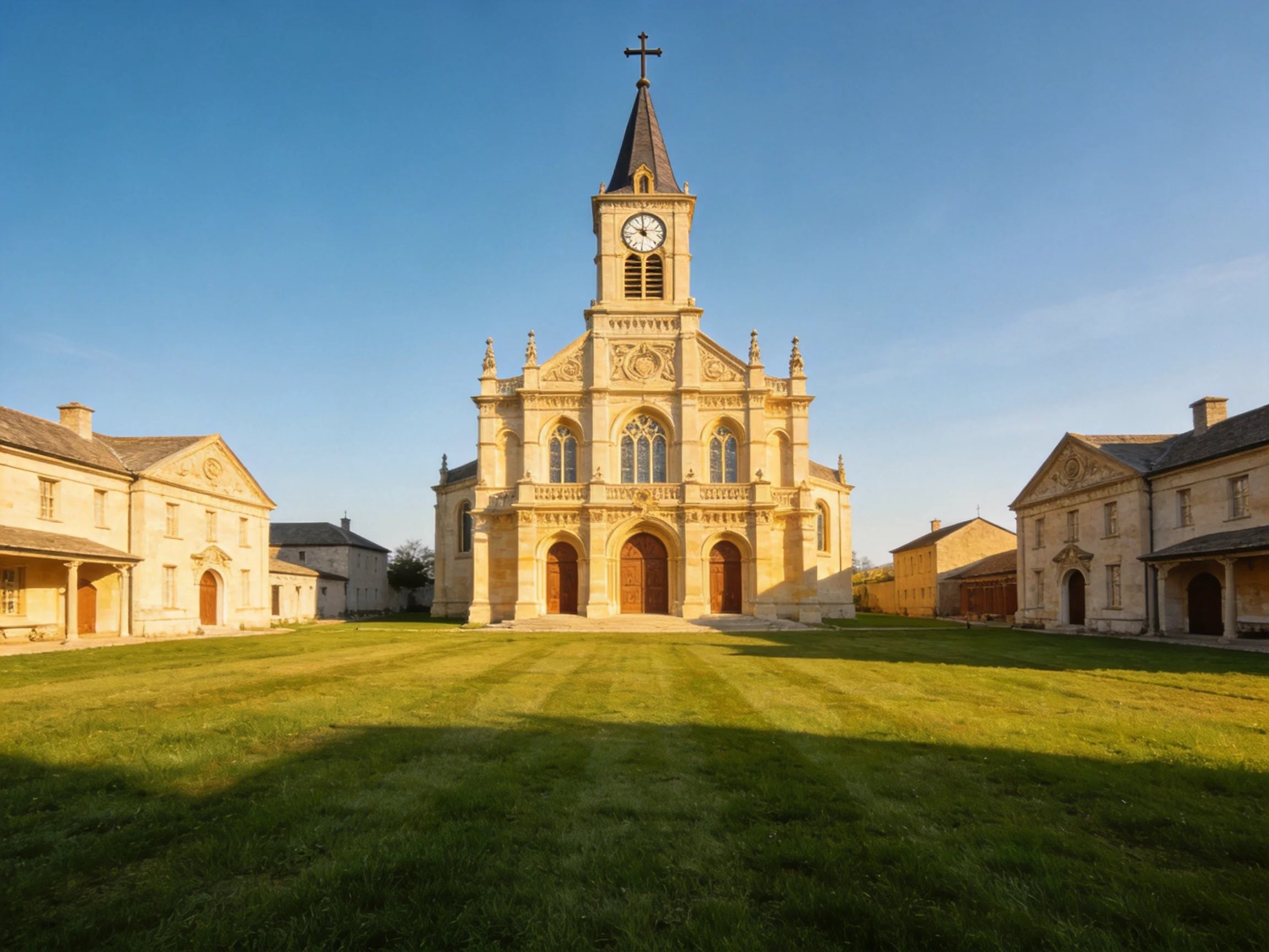 A grand stone church with a clock tower, flanked by aged buildings