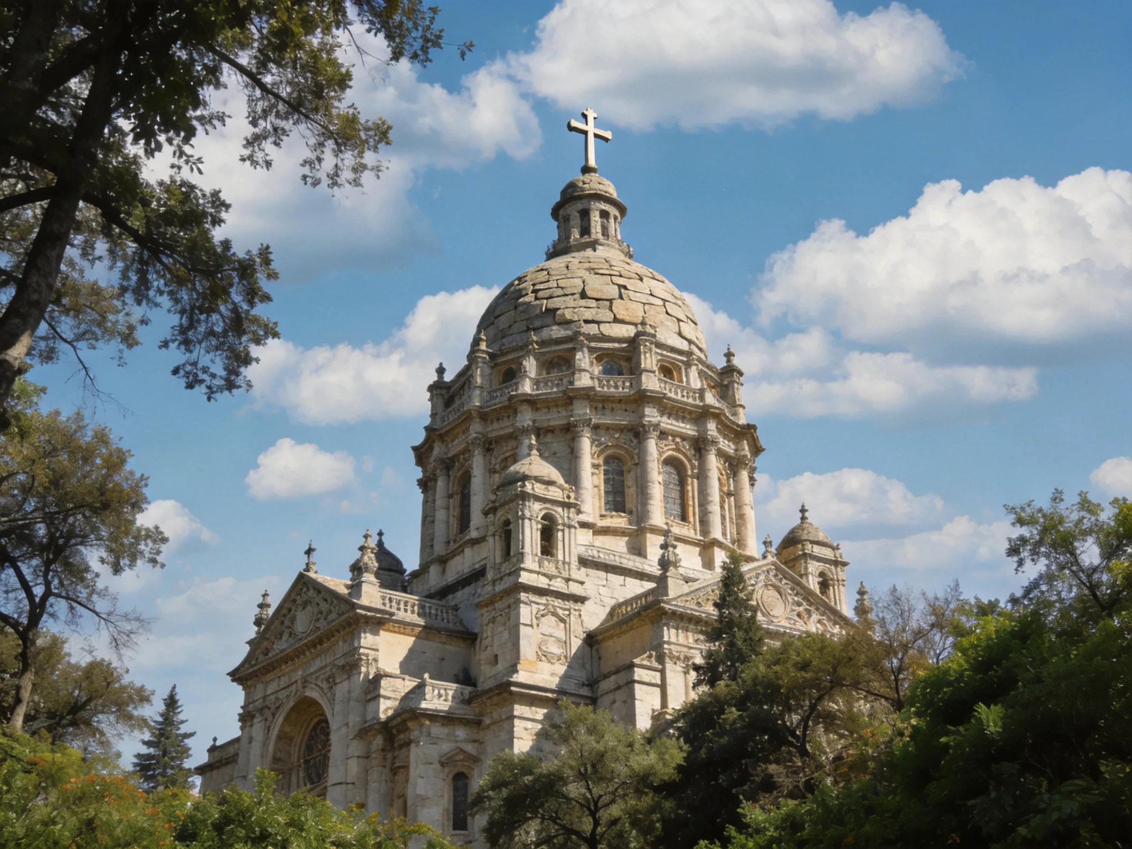 A grand stone church with a domed roof and cross surrounded by trees