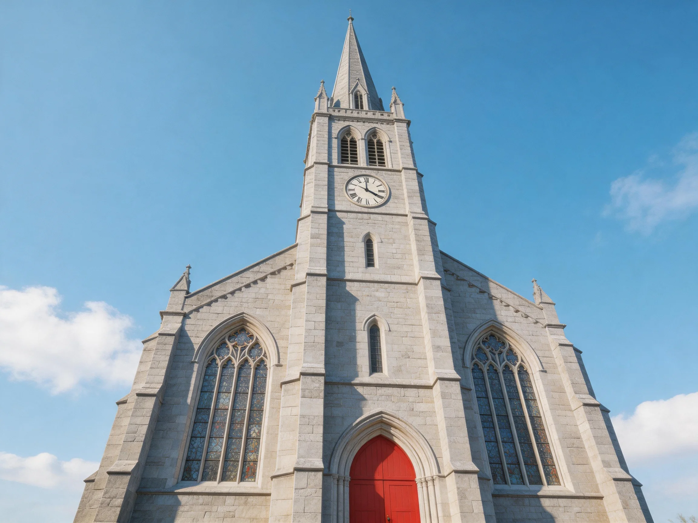 A grand stone church with a tall clock tower and bright red door