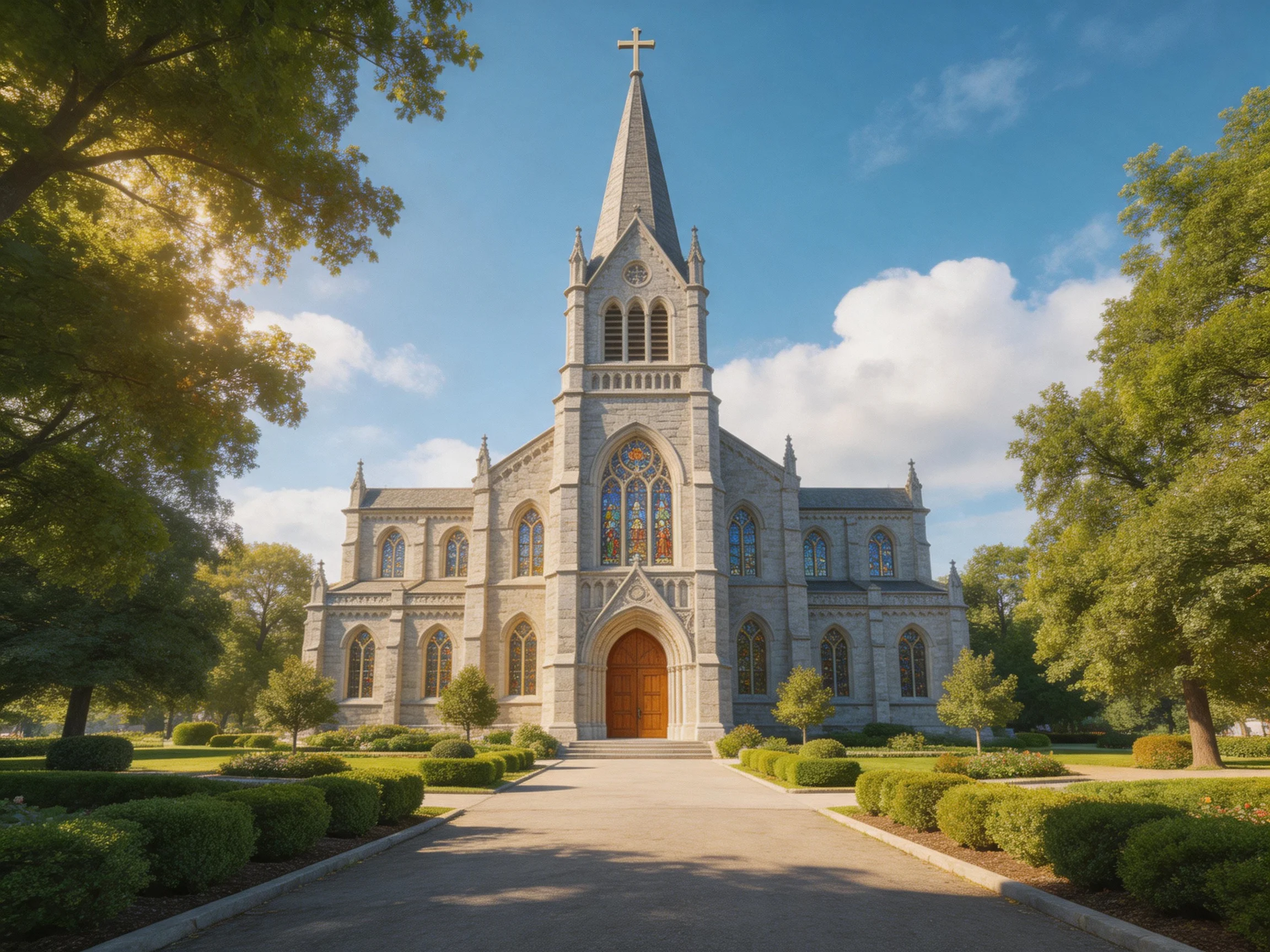 A grand stone church with a tall spire and colorful stained glass