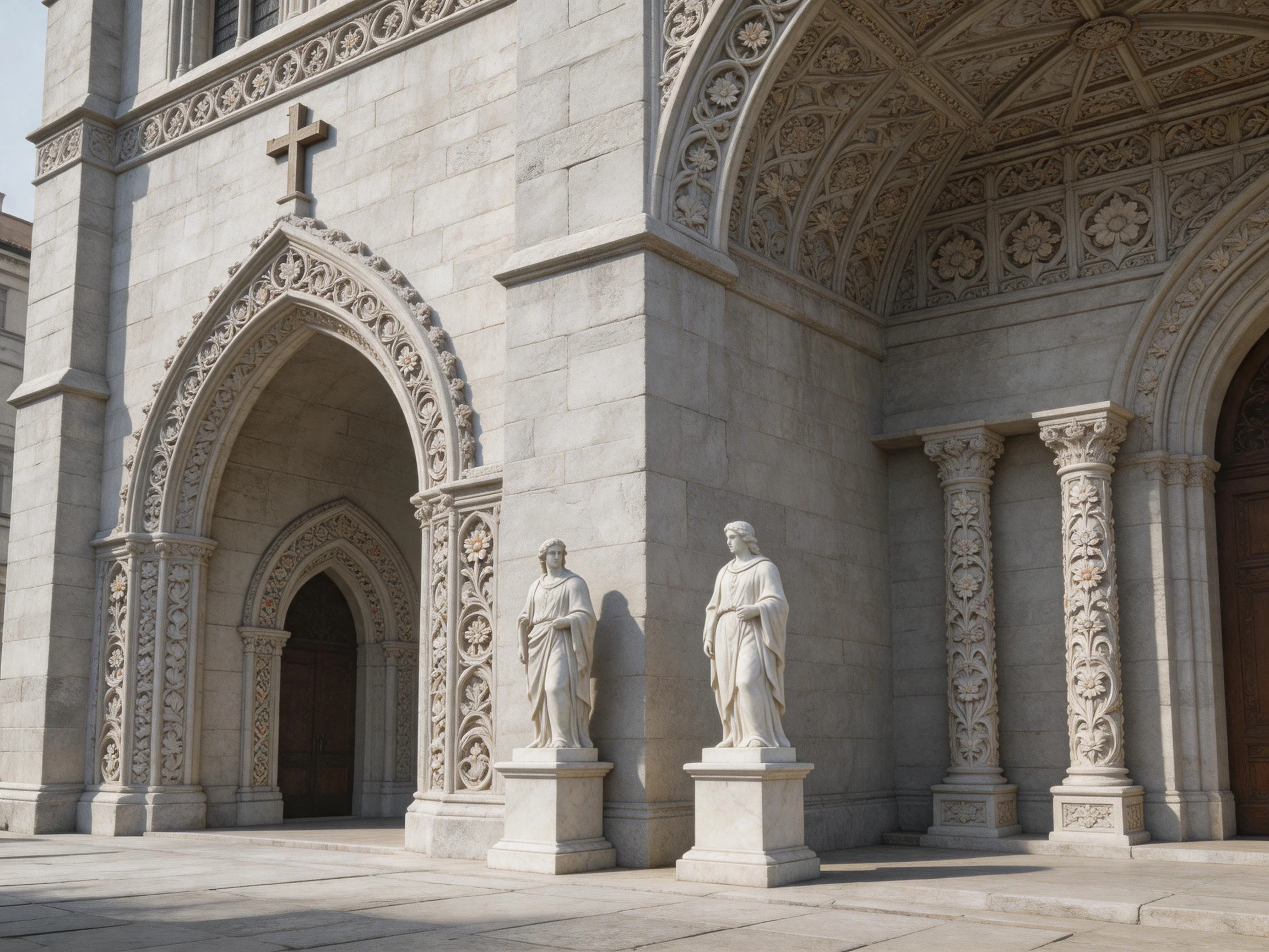 A grand stone church with ornate carvings and statues
