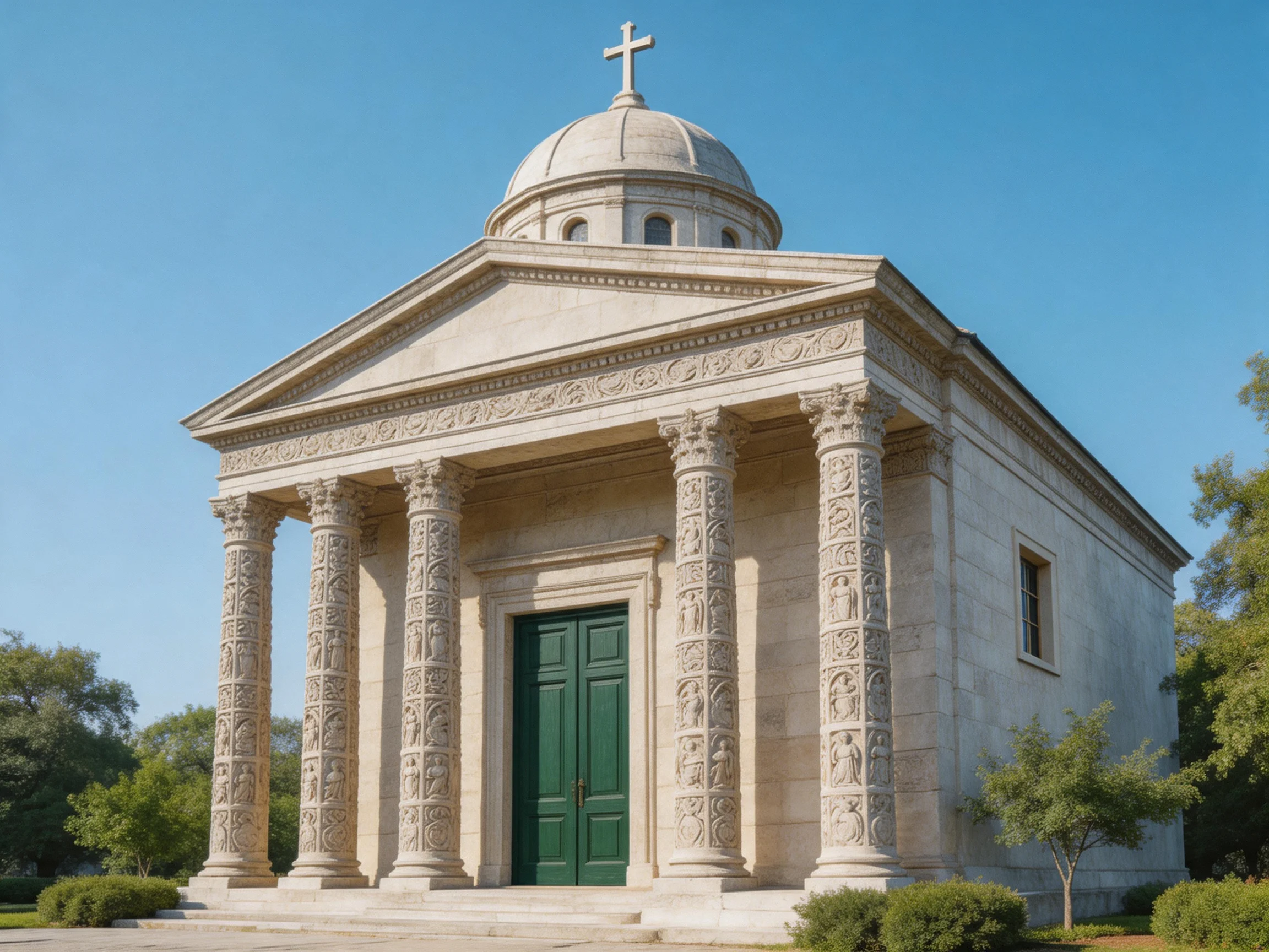 A grand stone church with ornate columns and domed roof