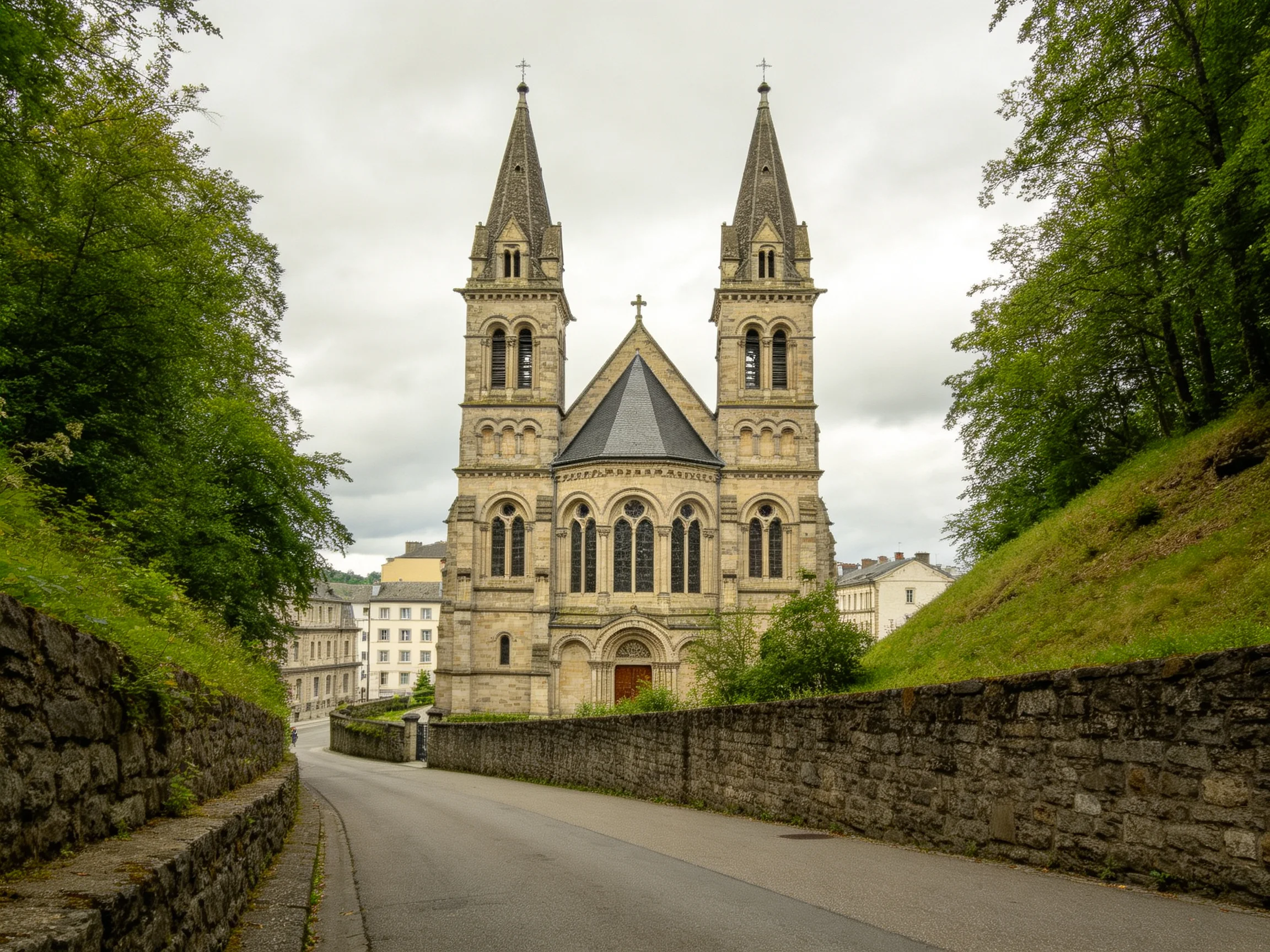 A grand stone church with two spires near stone walls and green hills