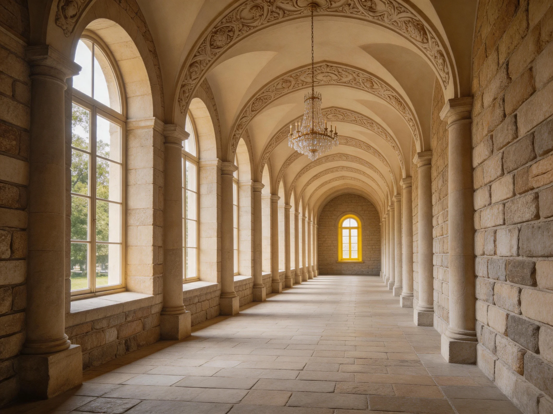 A grand stone corridor with arched ceilings, columns, and golden window
