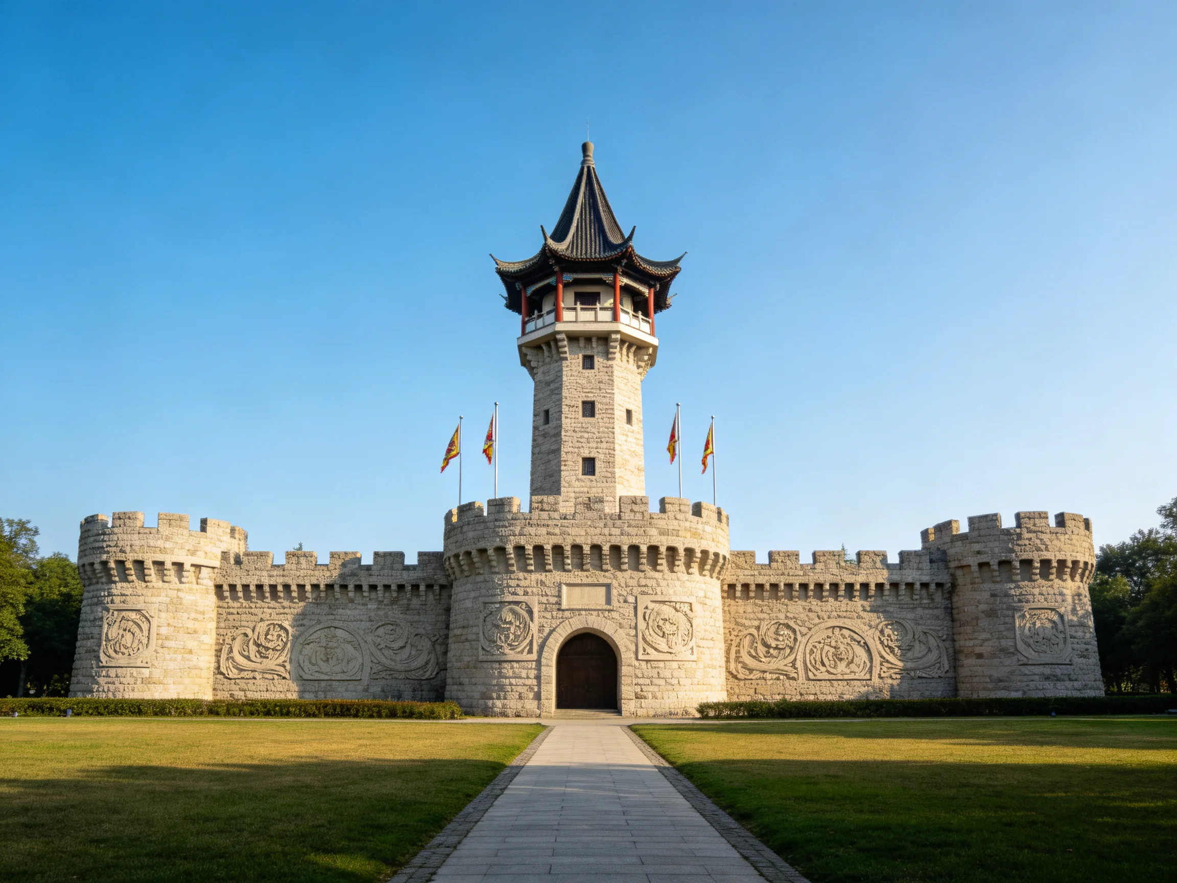 A grand stone fortress with an ornate central tower