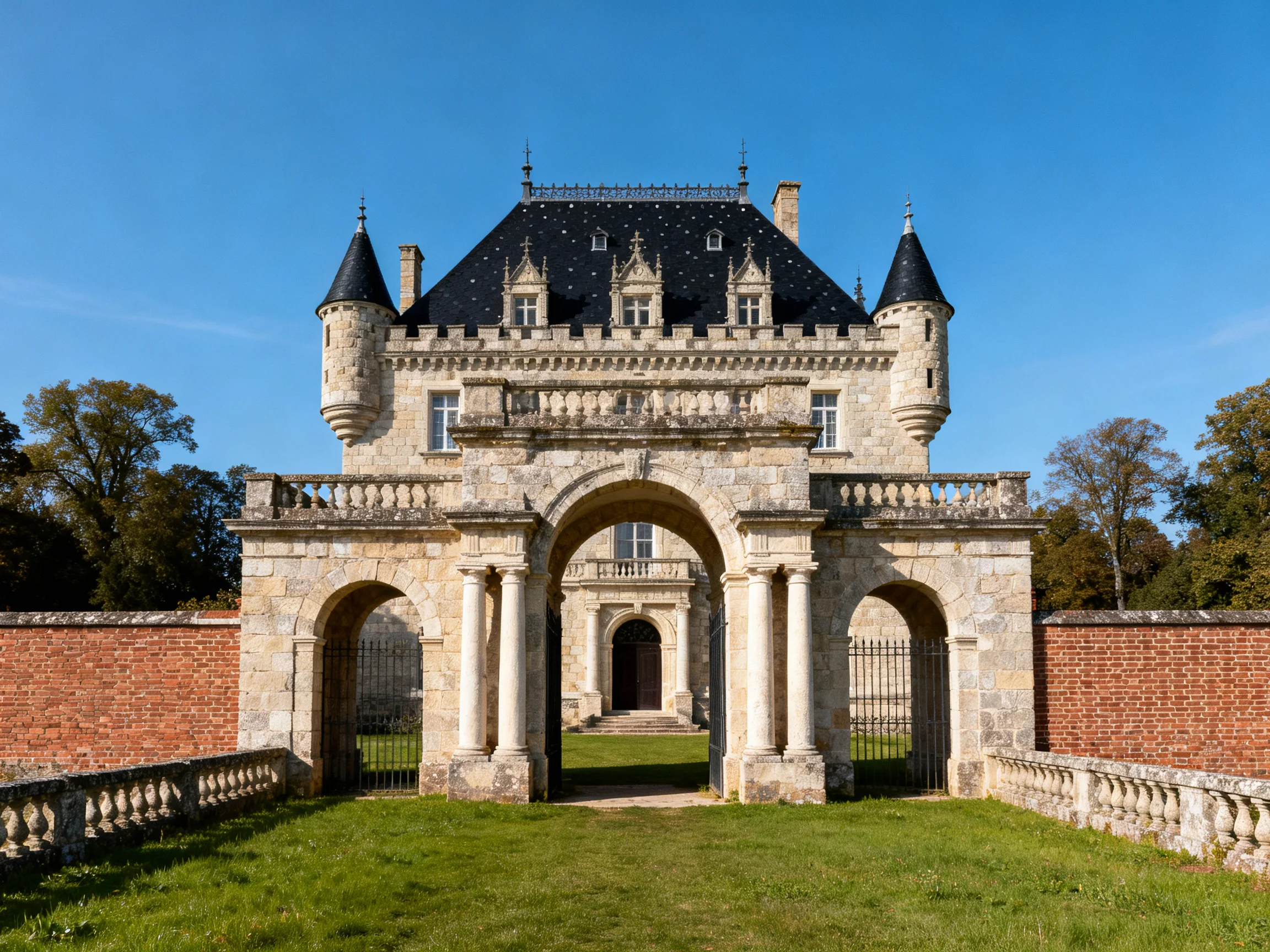 A grand stone gateway with three arches and crenellated towers