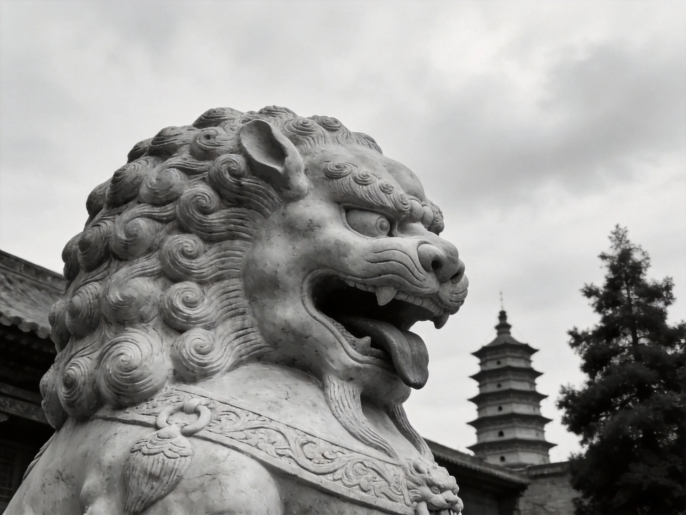 A grand stone lion statue near an ancient pagoda tower
