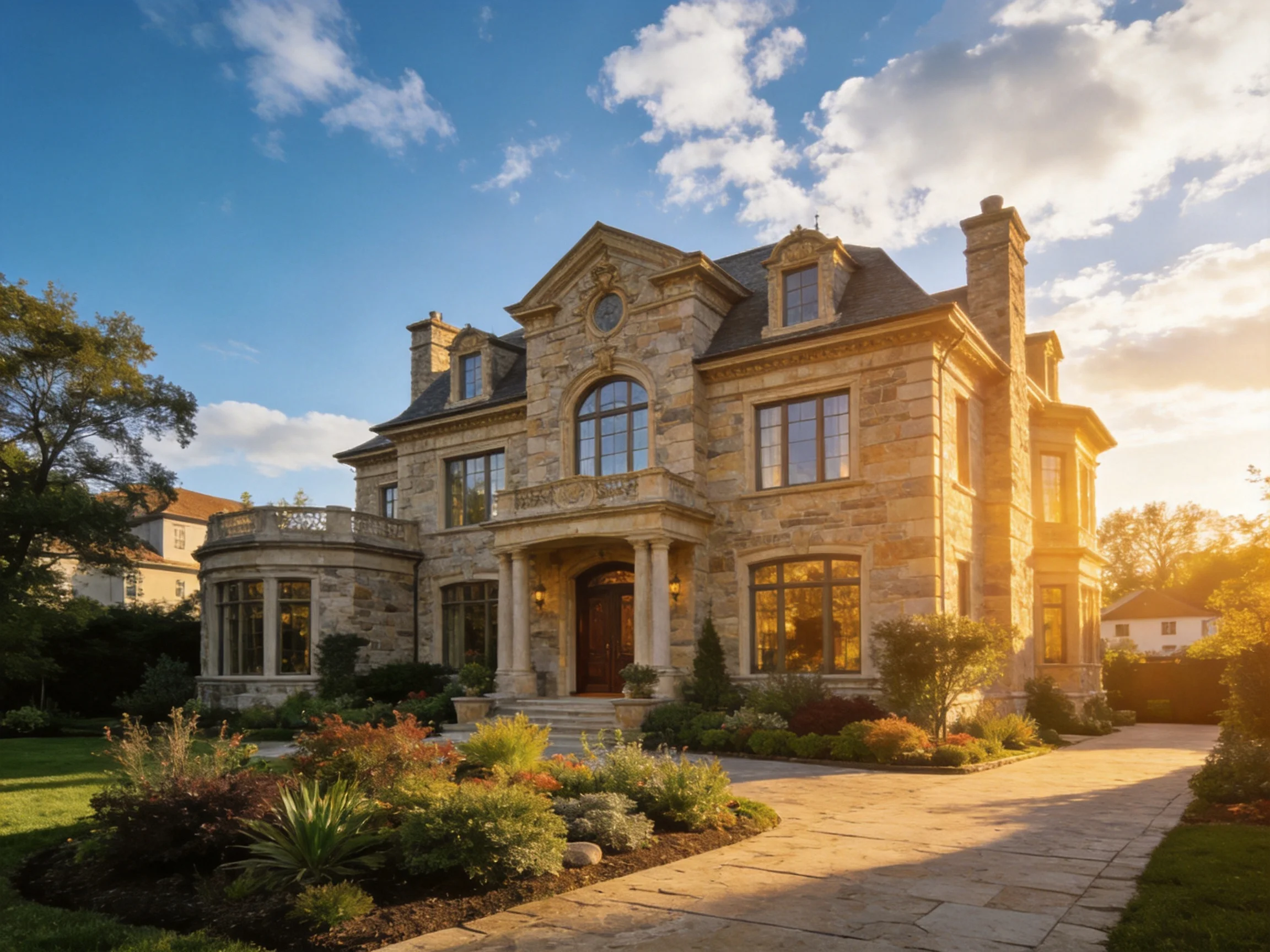 A grand stone mansion lit by golden sunset rays