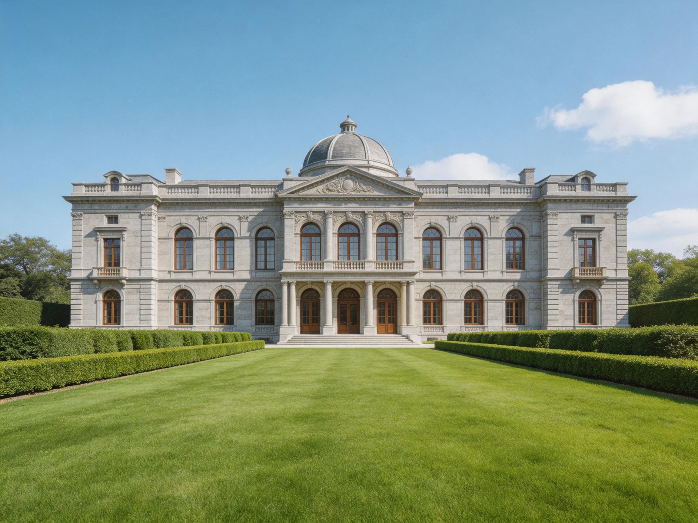 A grand stone mansion with a domed central roof