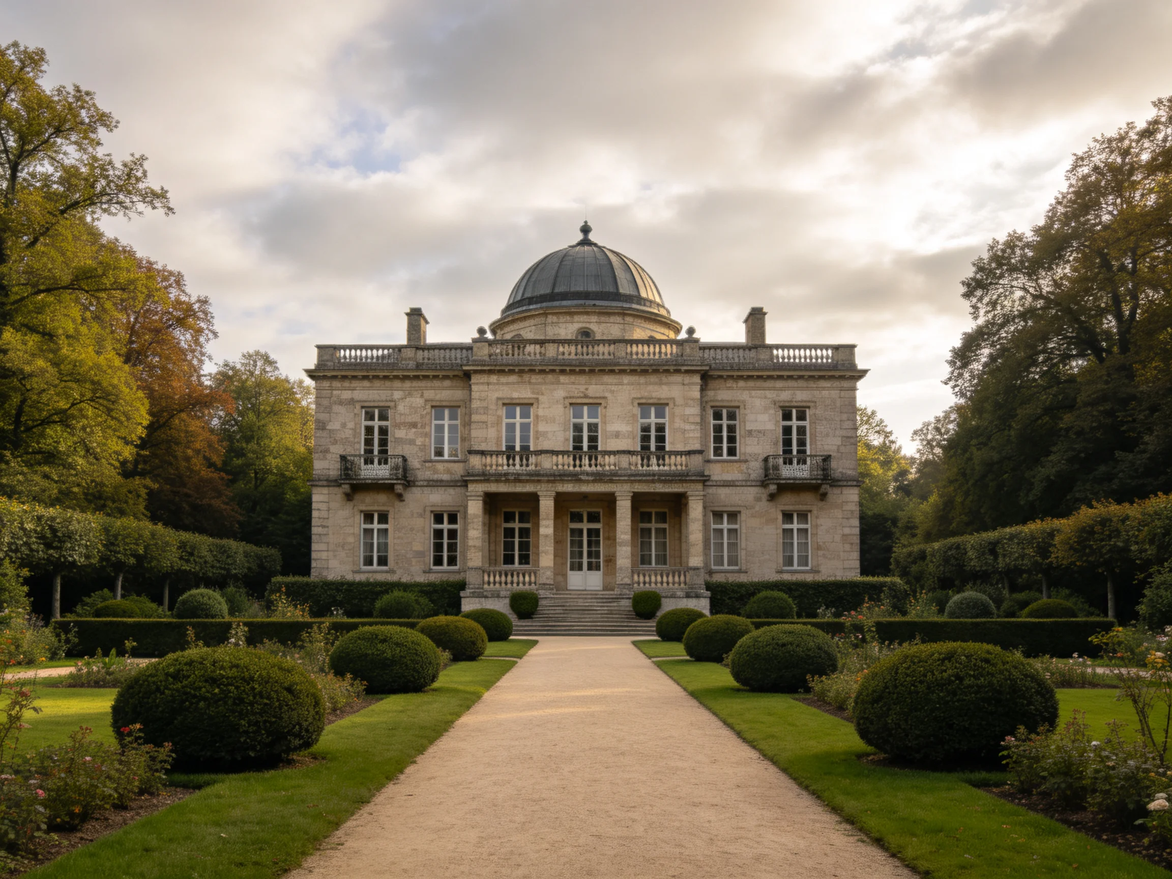 A grand stone mansion with a domed roof and manicured gardens