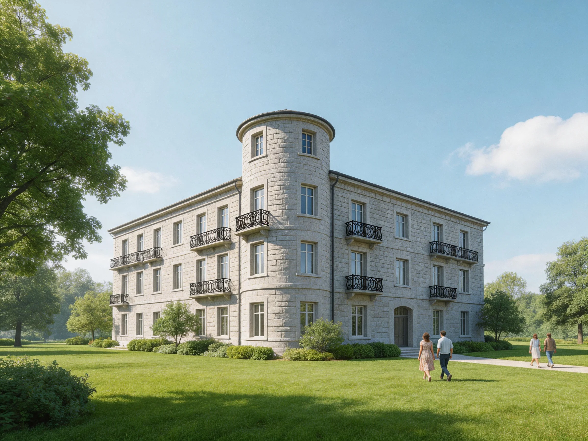 A grand stone mansion with curved tower near lush greenery