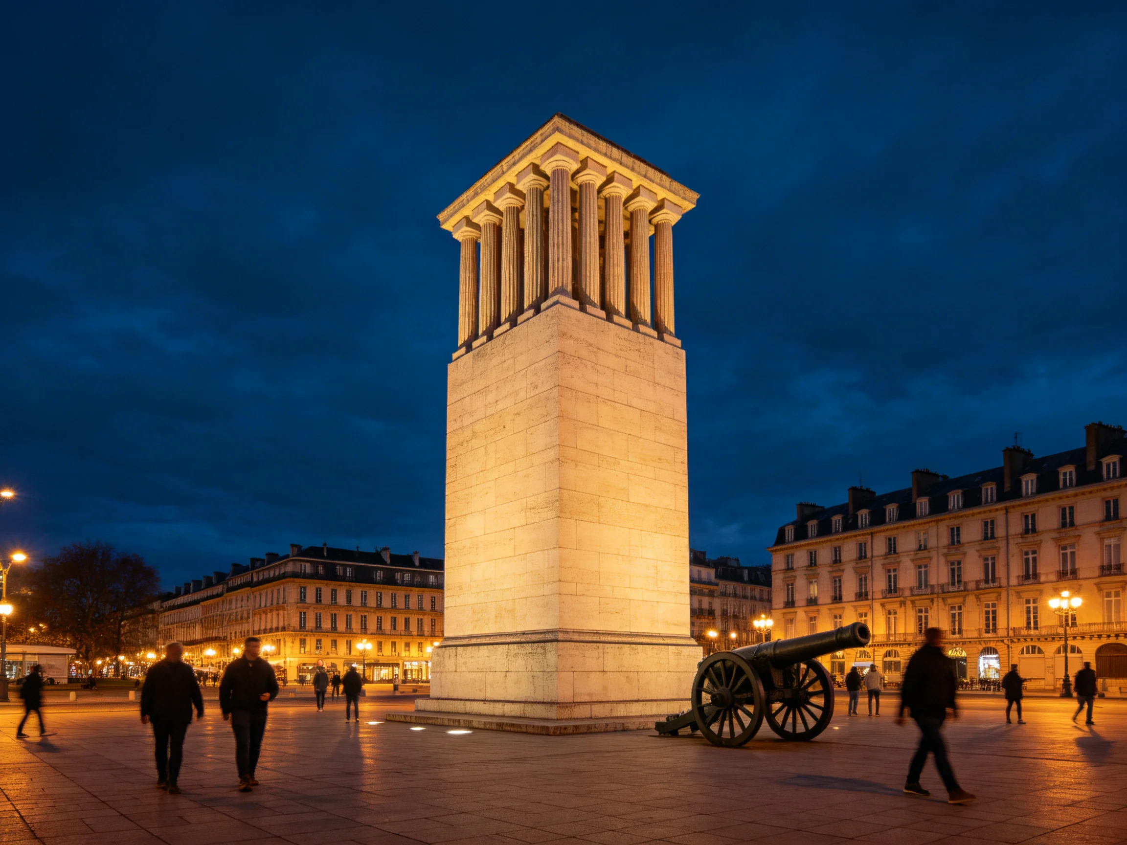 A grand stone monument illuminated at dusk near historic buildings