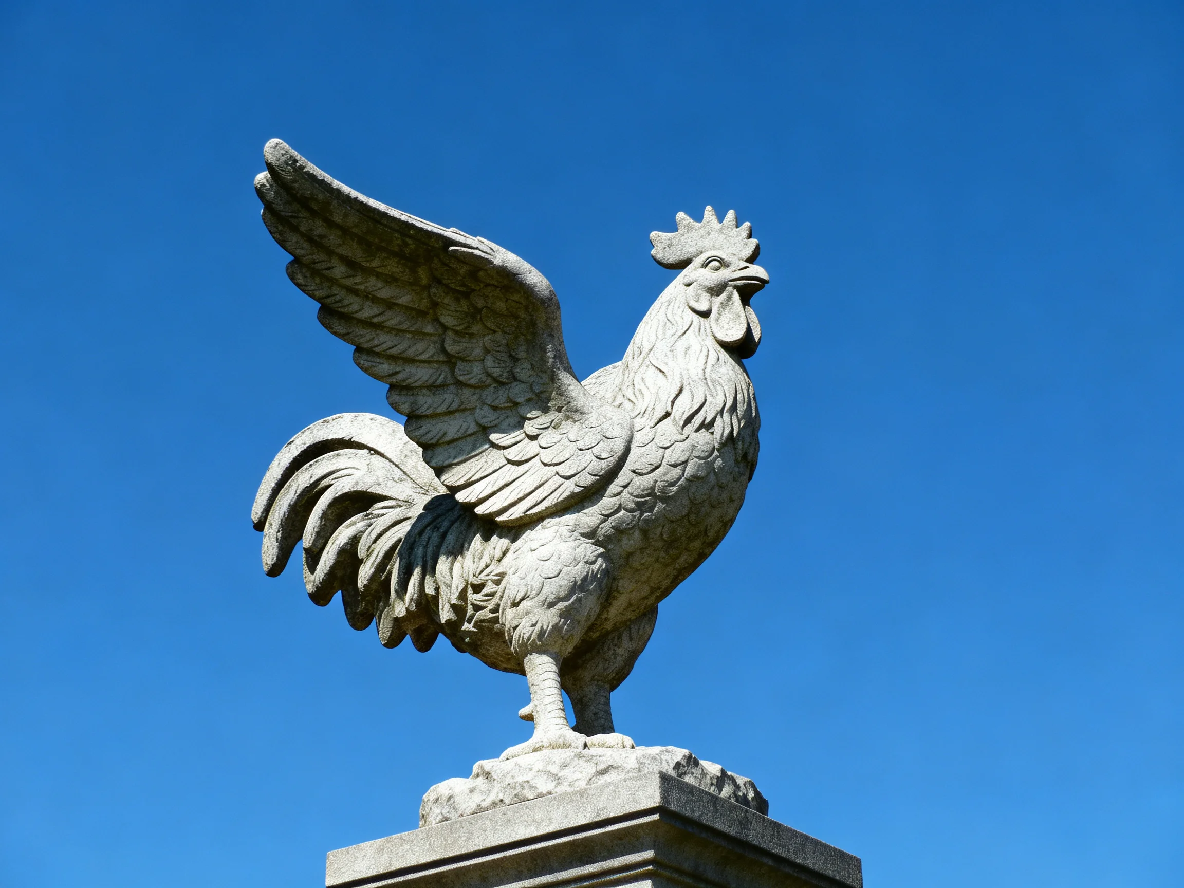 A grand stone rooster statue with outstretched wings against a clear blue sky