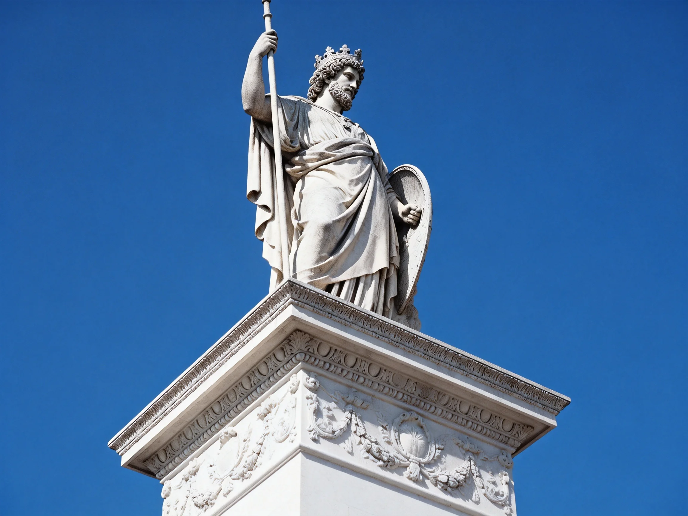 A grand stone statue atop an ornate pedestal against clear blue sky