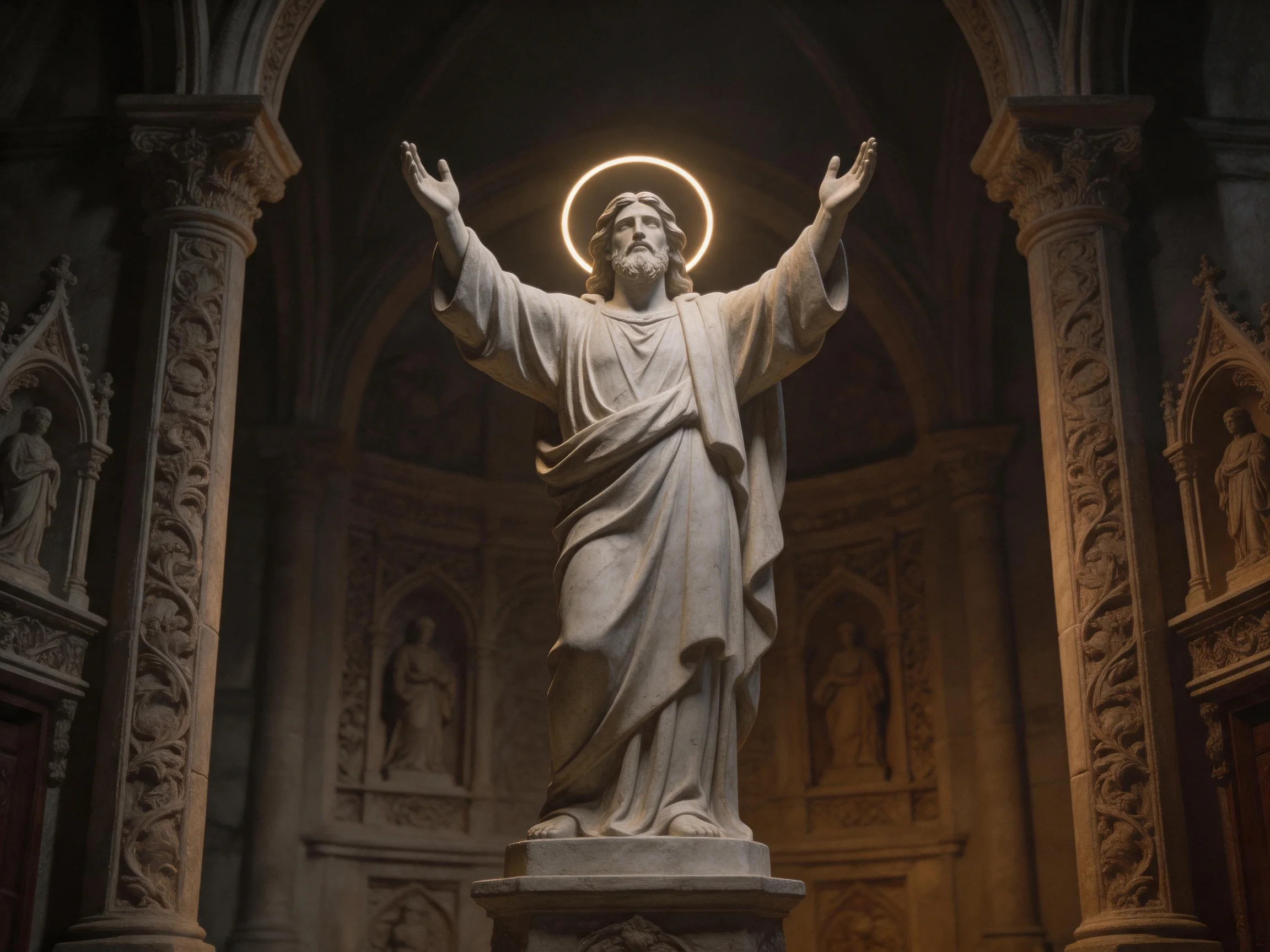 A grand stone statue of Jesus with outstretched arms in an ornate church