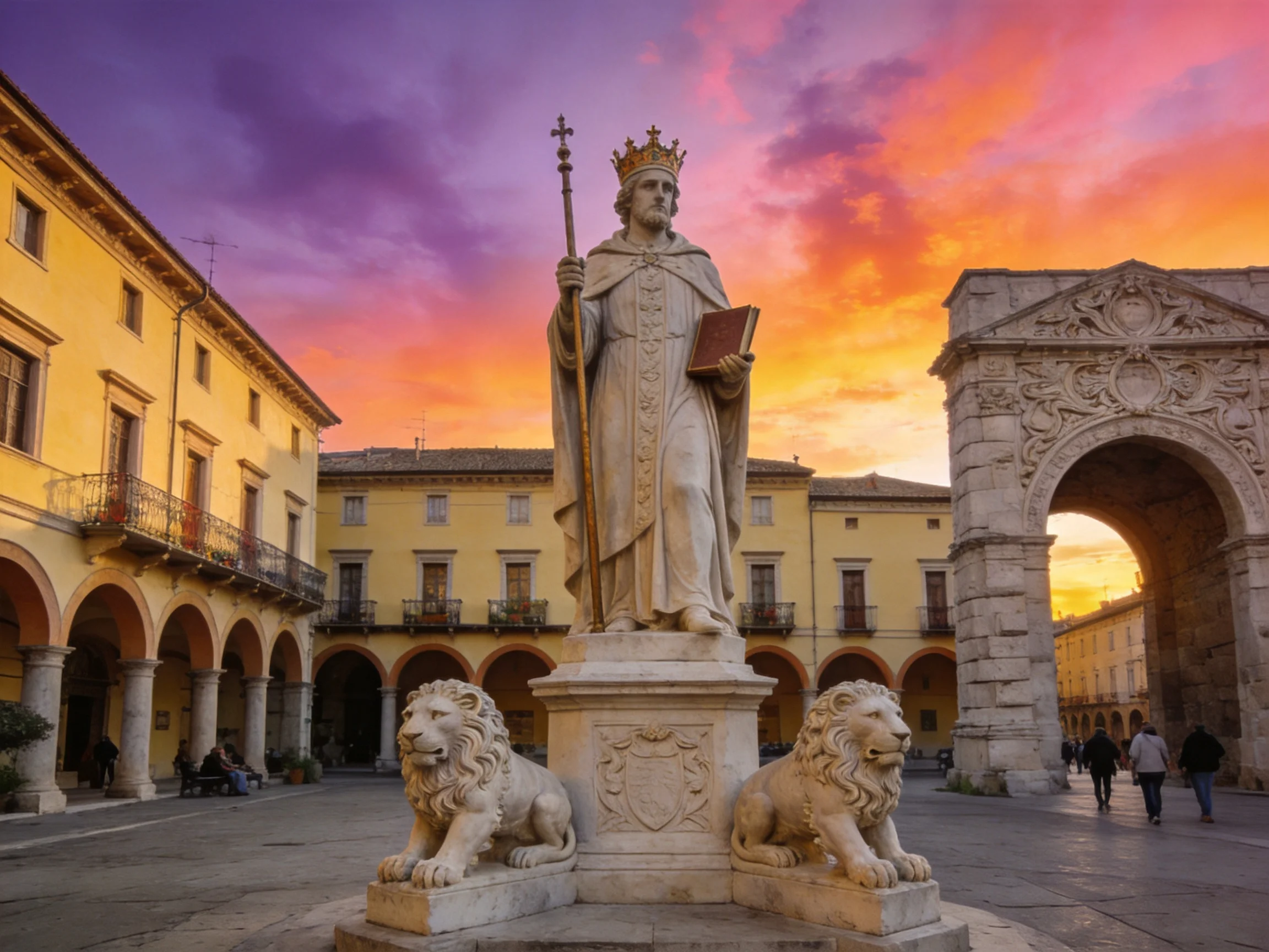 A grand stone statue with lions beneath a vibrant sunset sky