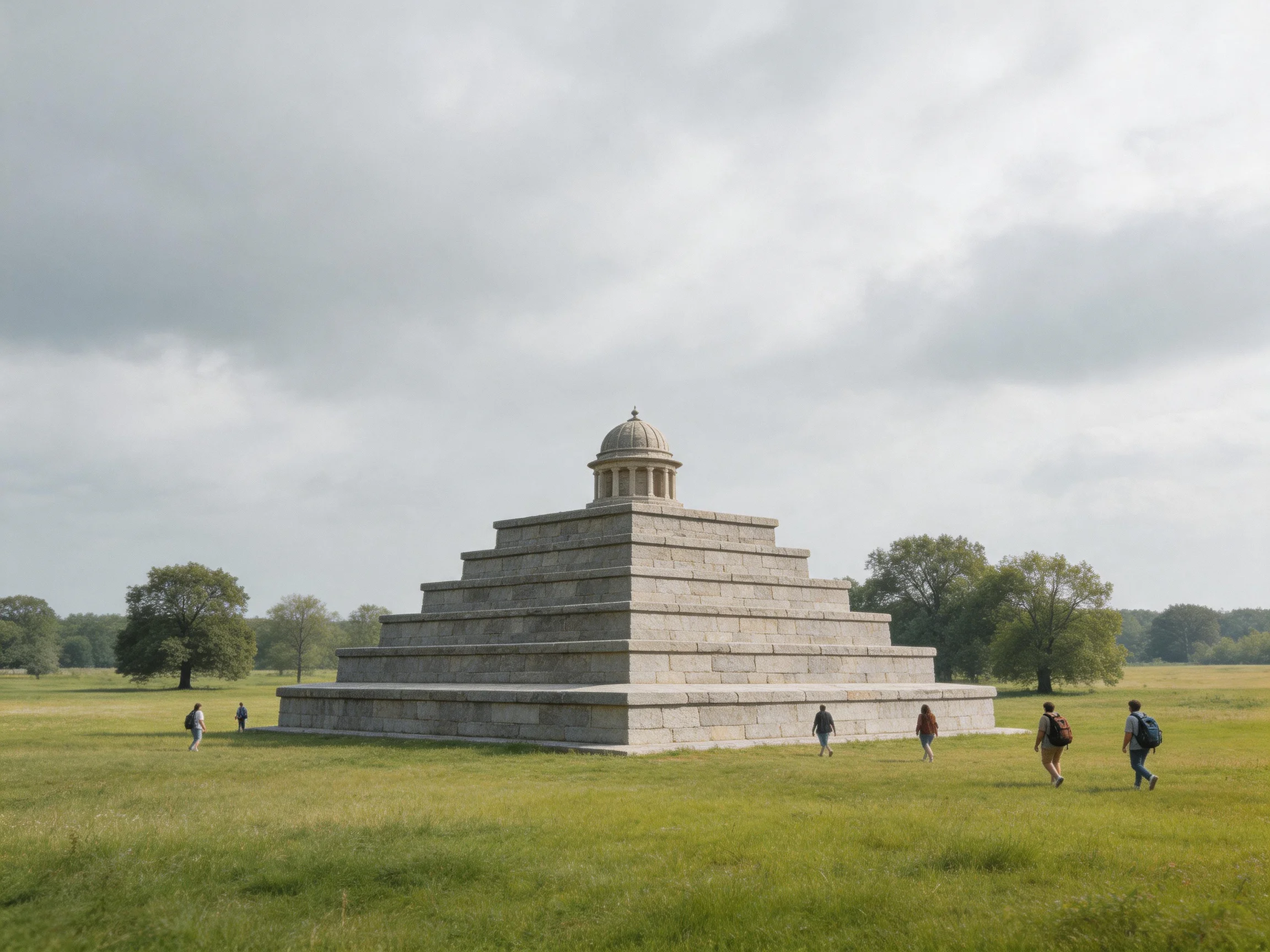 A grand stone stepped monument in a lush green field