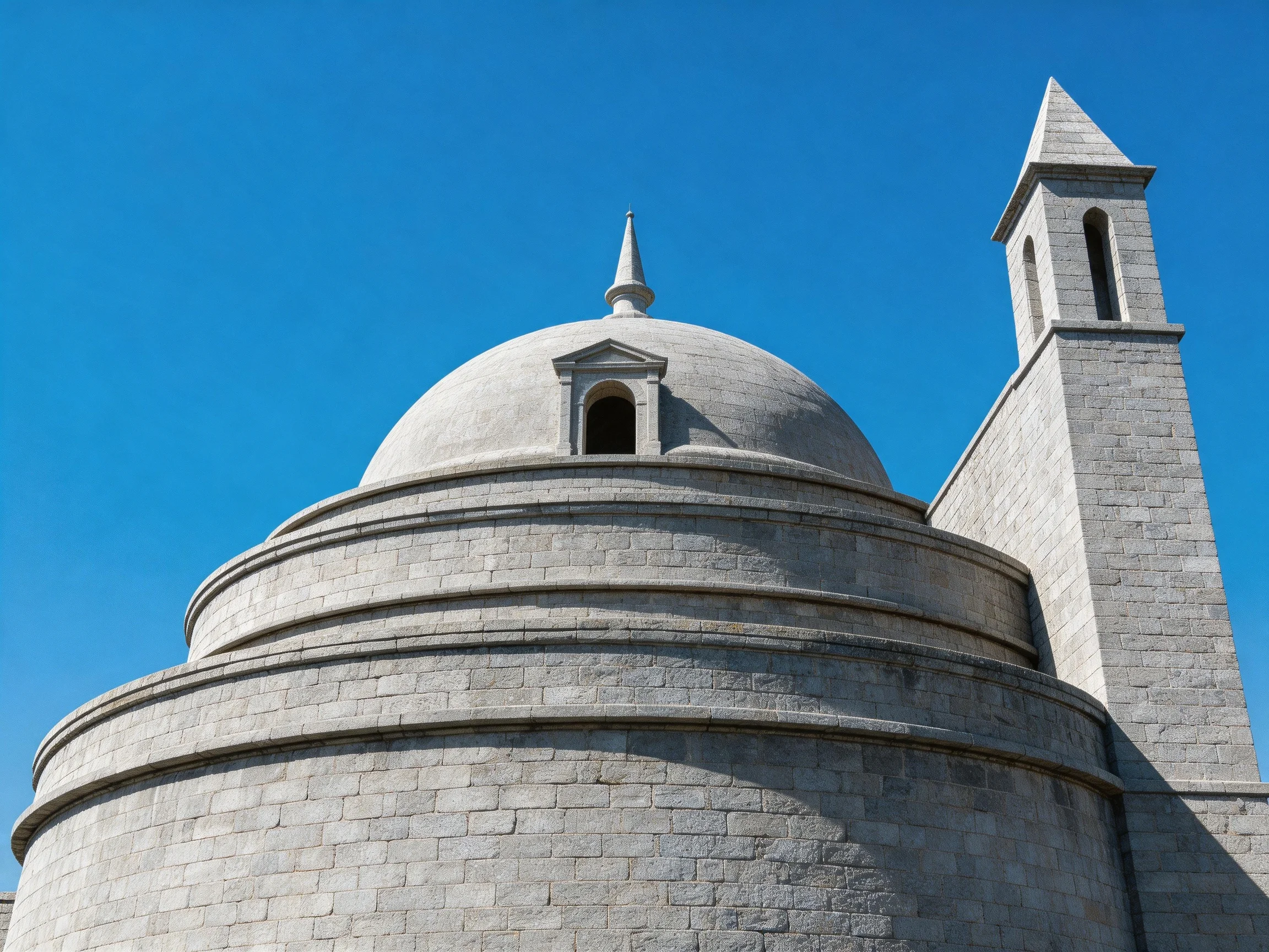 A grand stone structure with a domed roof and bell tower against clear blue sky