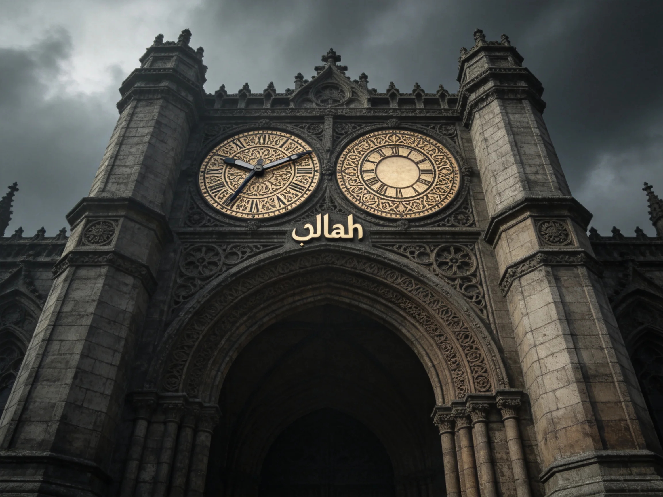 A grand stone structure with dual ornate golden clocks and Arabic inscription under stormy skies
