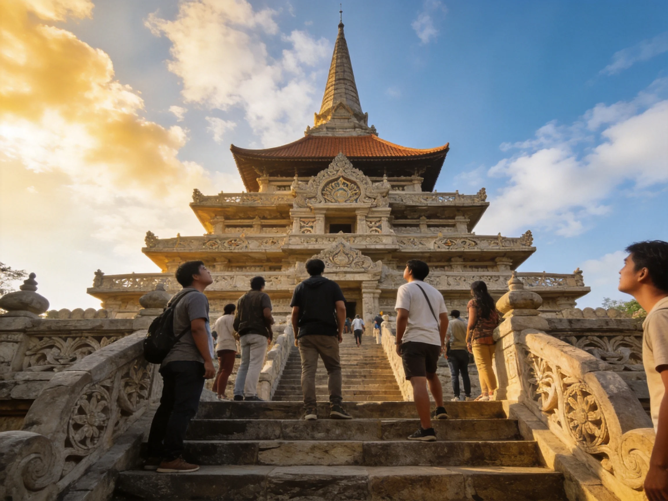 A grand stone temple with ornate carvings under golden sunlight