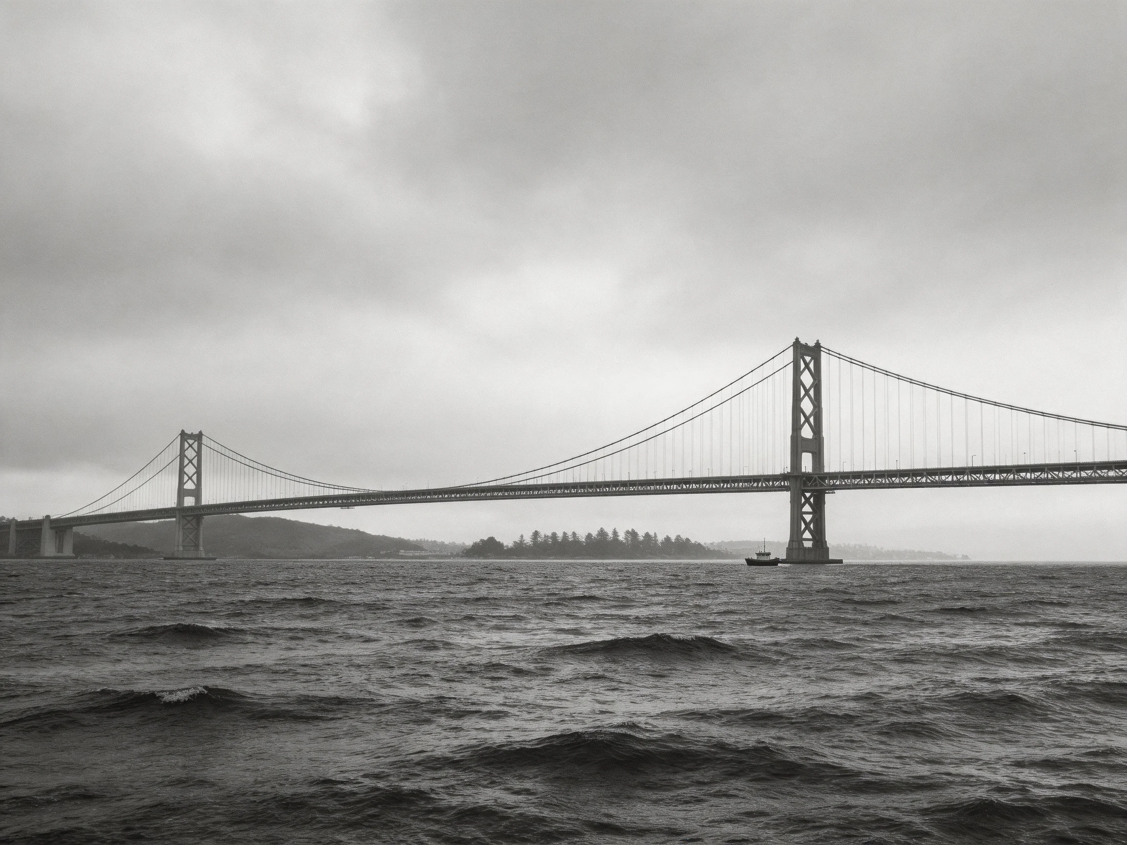 A grand suspension bridge spans choppy waters under a gloomy sky