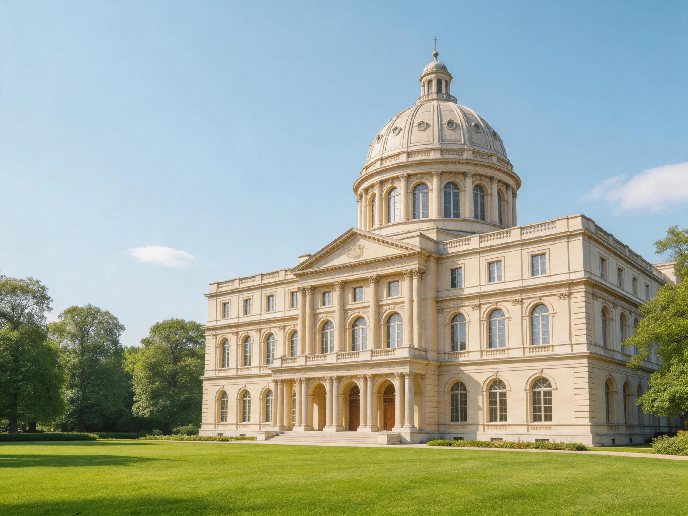 A grand tan-colored neoclassical building with a domed roof