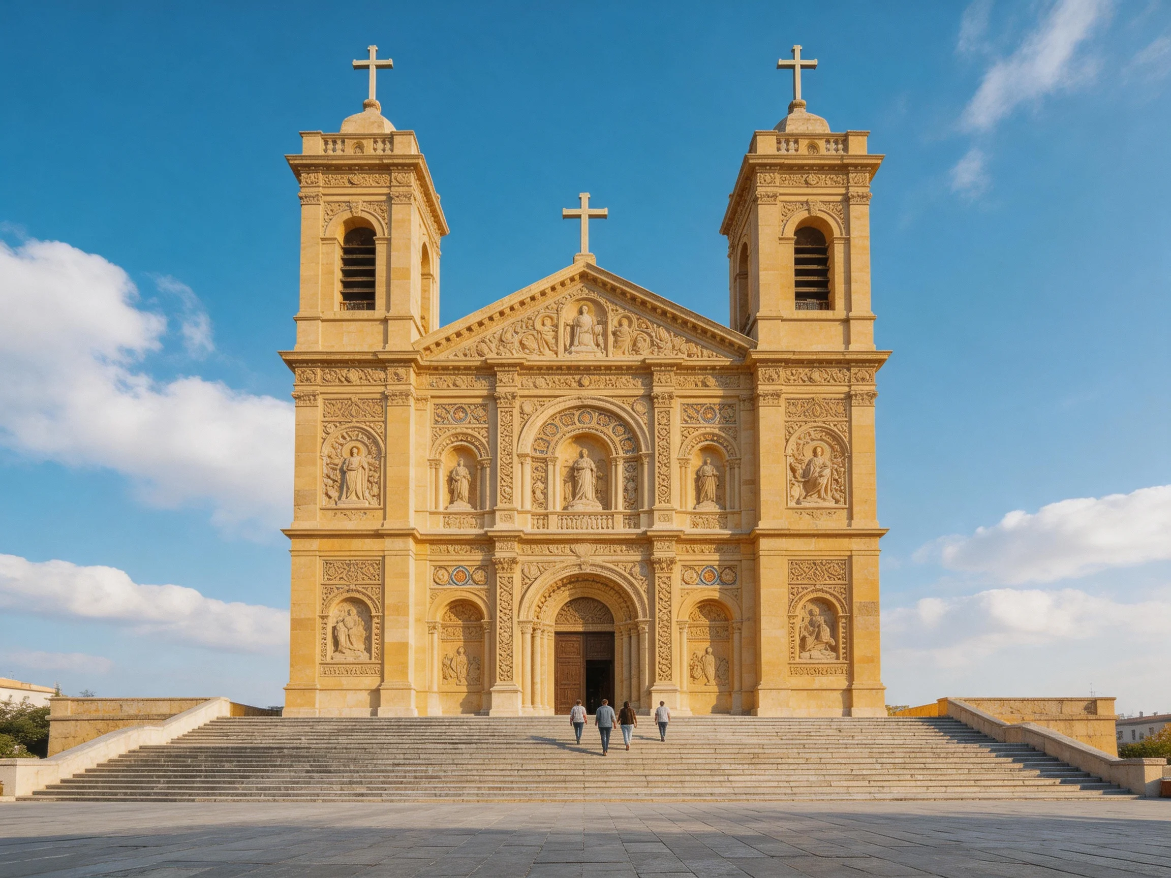 A grand tan stone church with three crosses and twin bell towers