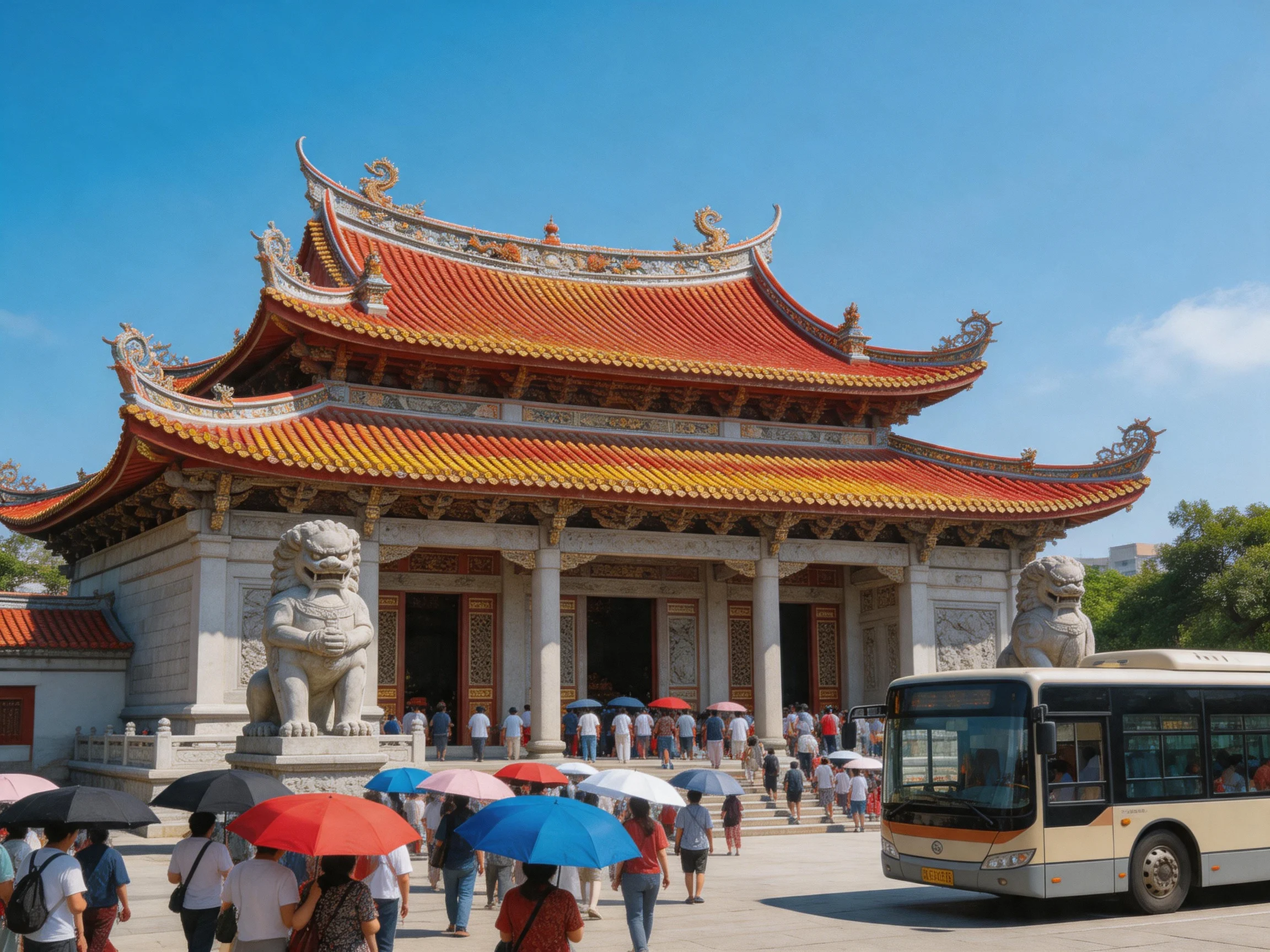A grand temple with red-tiled roofs and stone lions surrounded by visitors