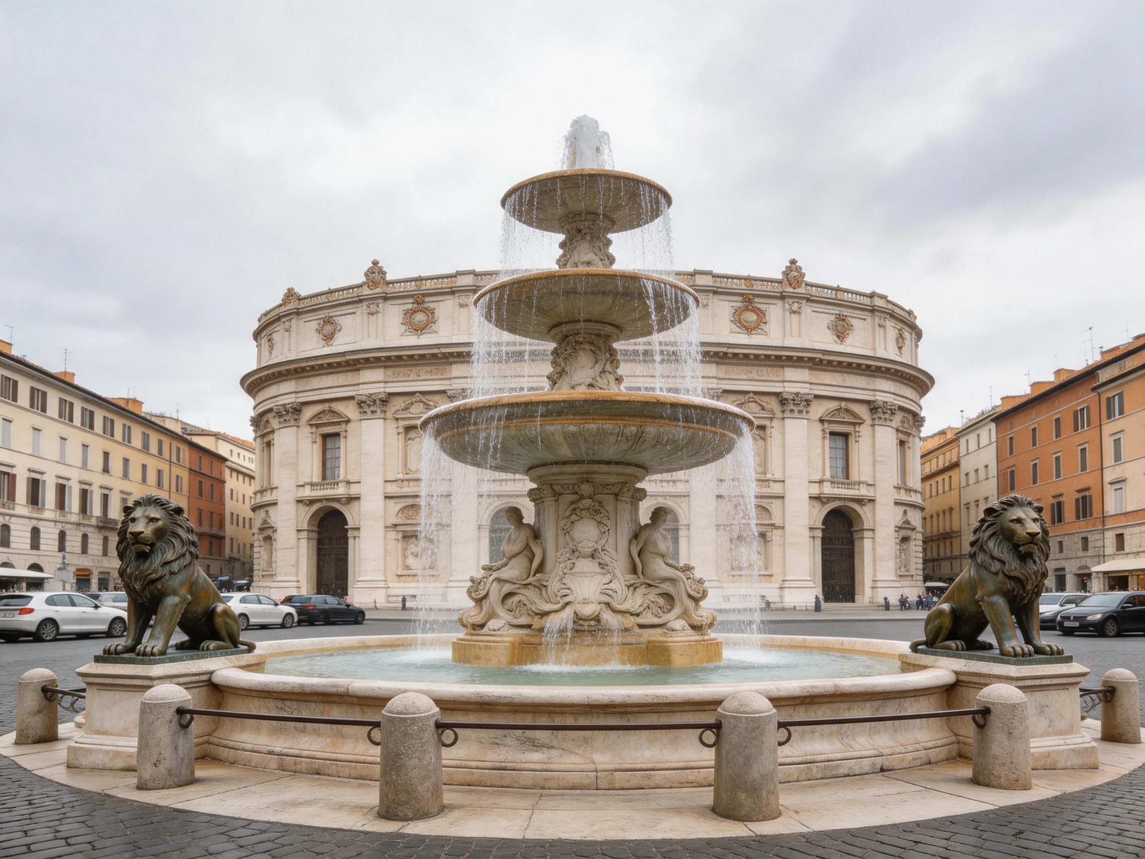 A grand three - tiered fountain with bronze lion statues beside an ornate circular building