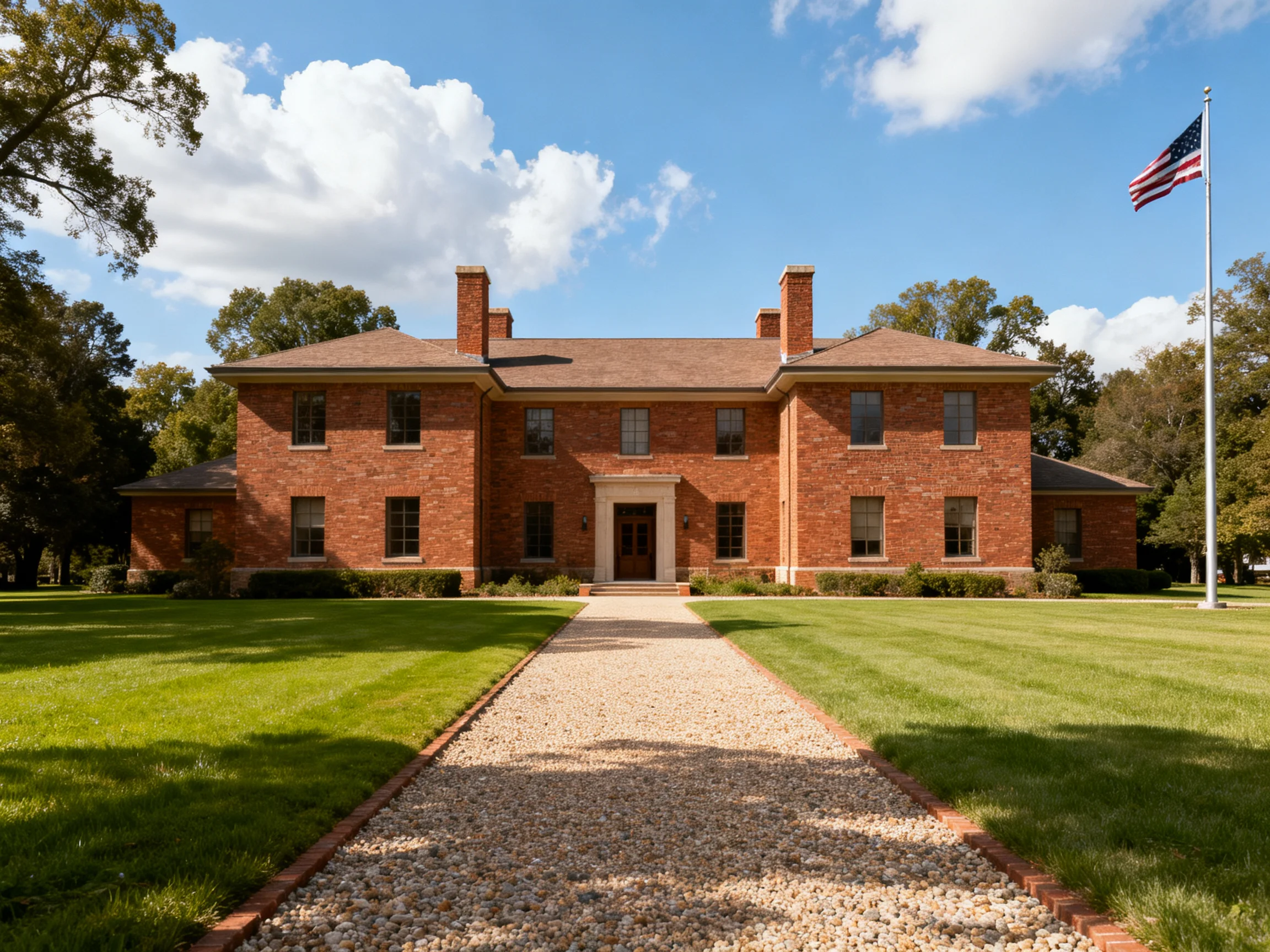 A grand two-story red-brick mansion with symmetrical windows