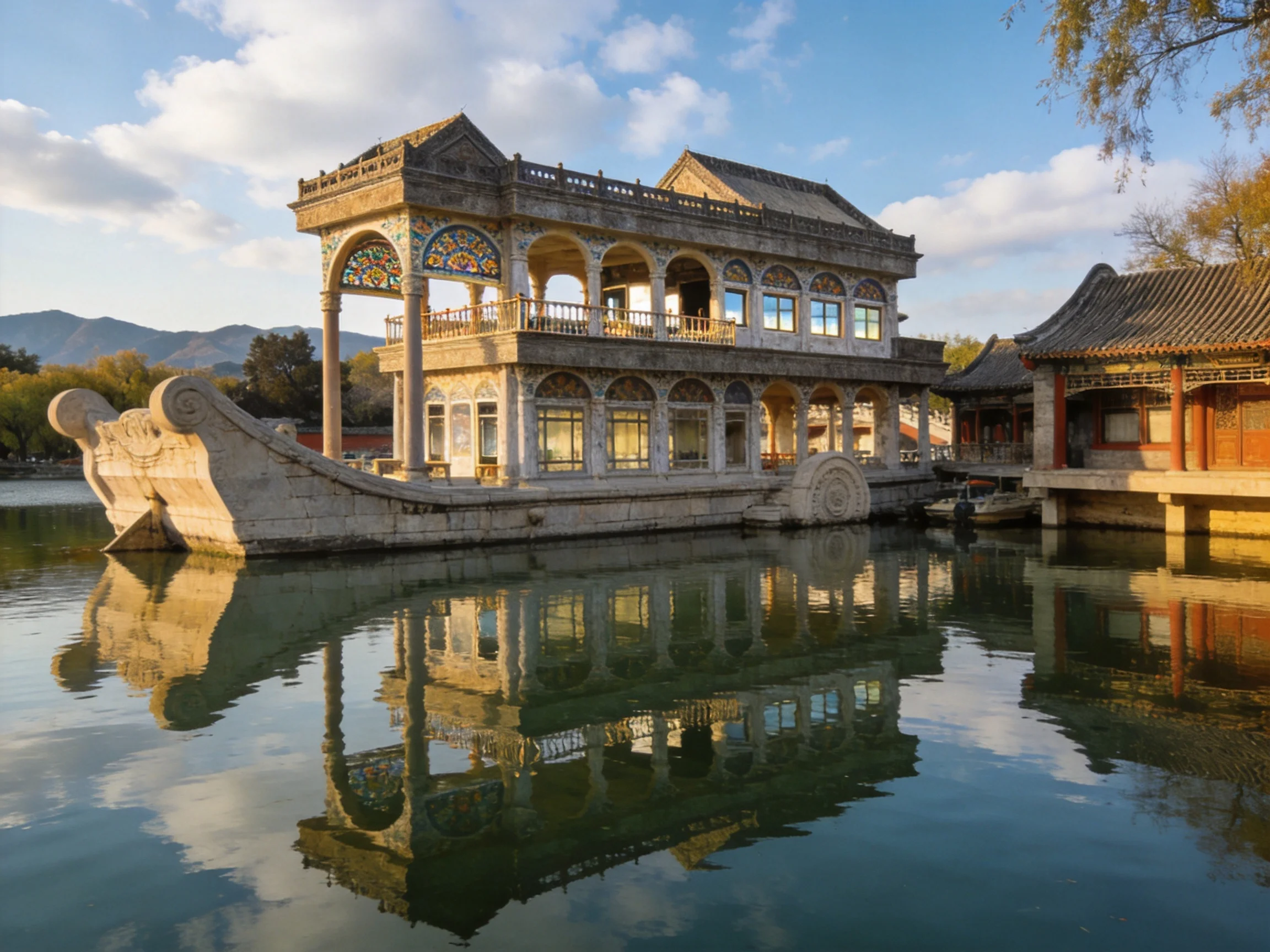 A grand two - story stone boat house floats on calm waters near traditional architecture