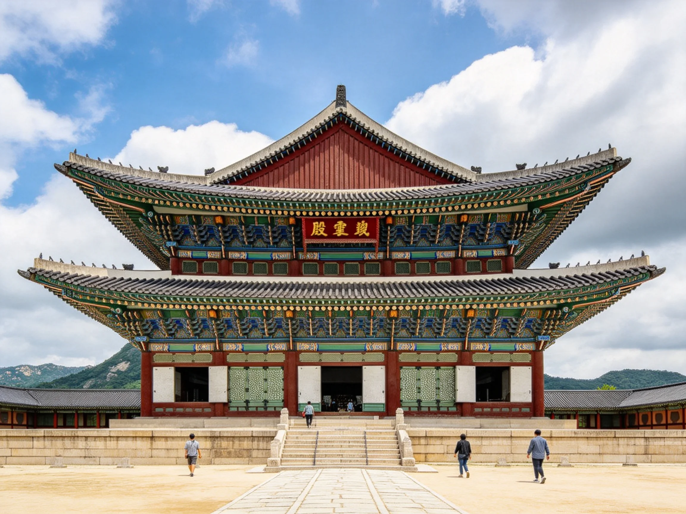 A grand two - story traditional palace hall with vibrant architectural details