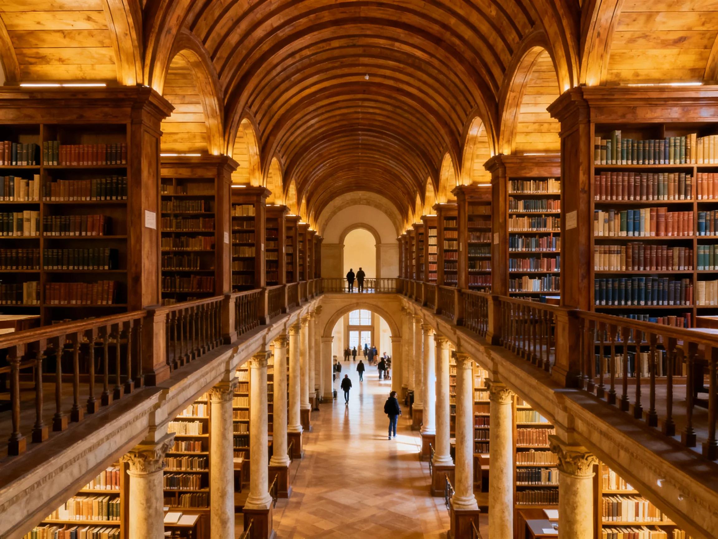 A grand two - story wooden library with arched ceilings and extensive bookshelves