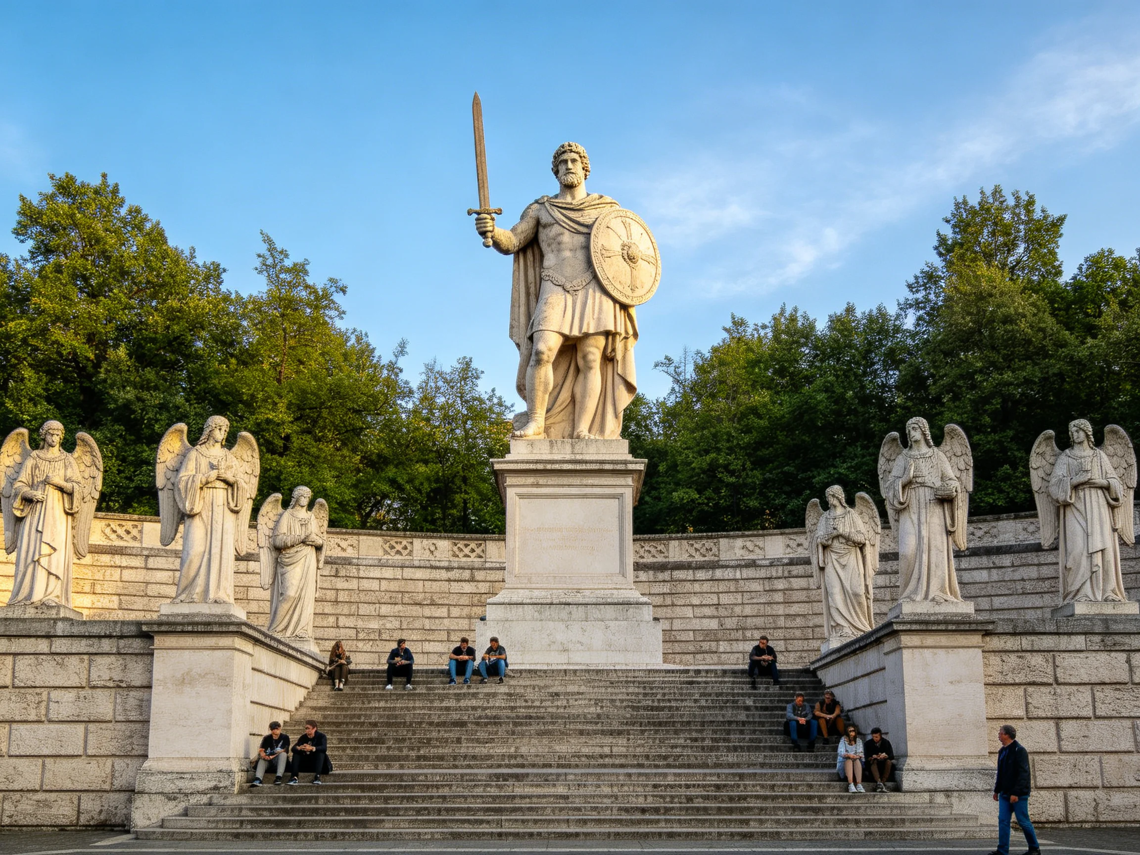 A grand warrior statue atop stone steps with angel statues