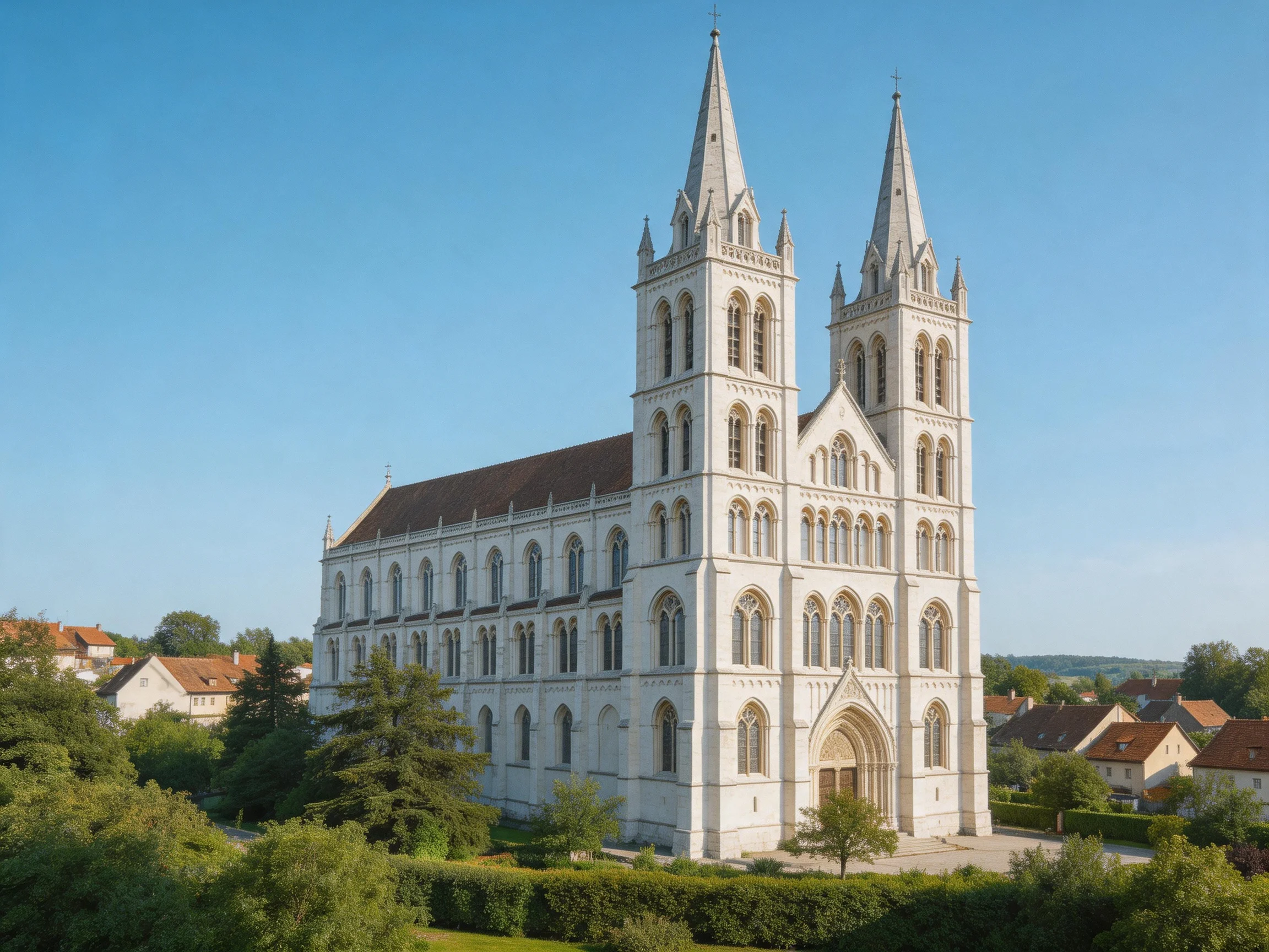 A grand white Gothic cathedral with twin spires near residential homes