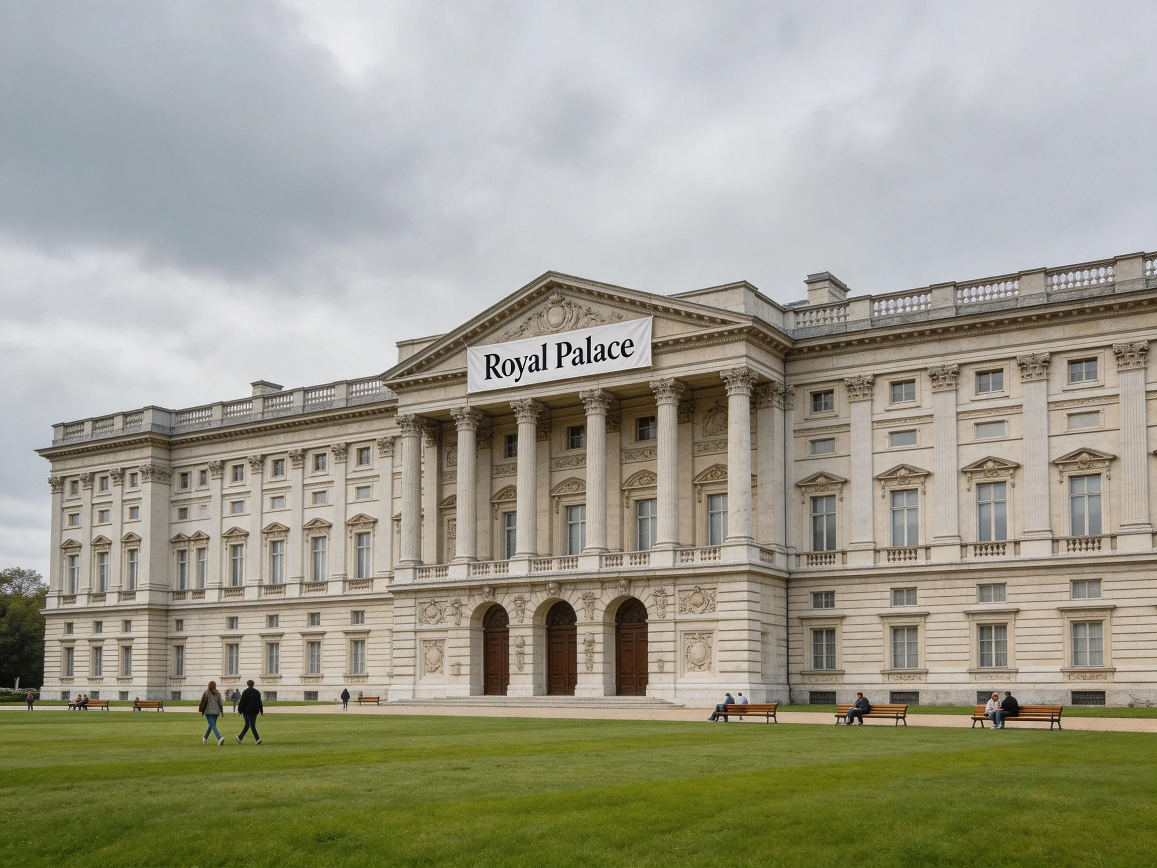 A grand white Royal Palace with a lush green lawn and overcast sky