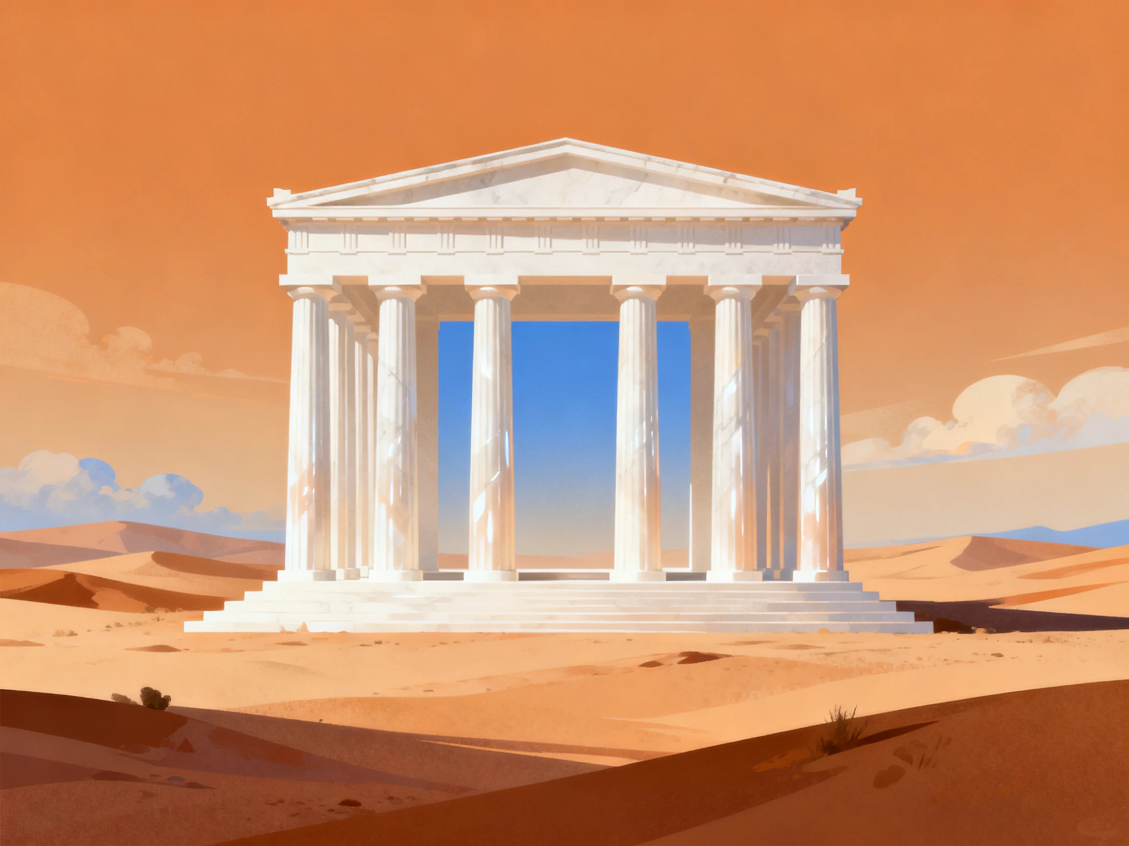 A grand white ancient temple stands alone in an orange desert landscape
