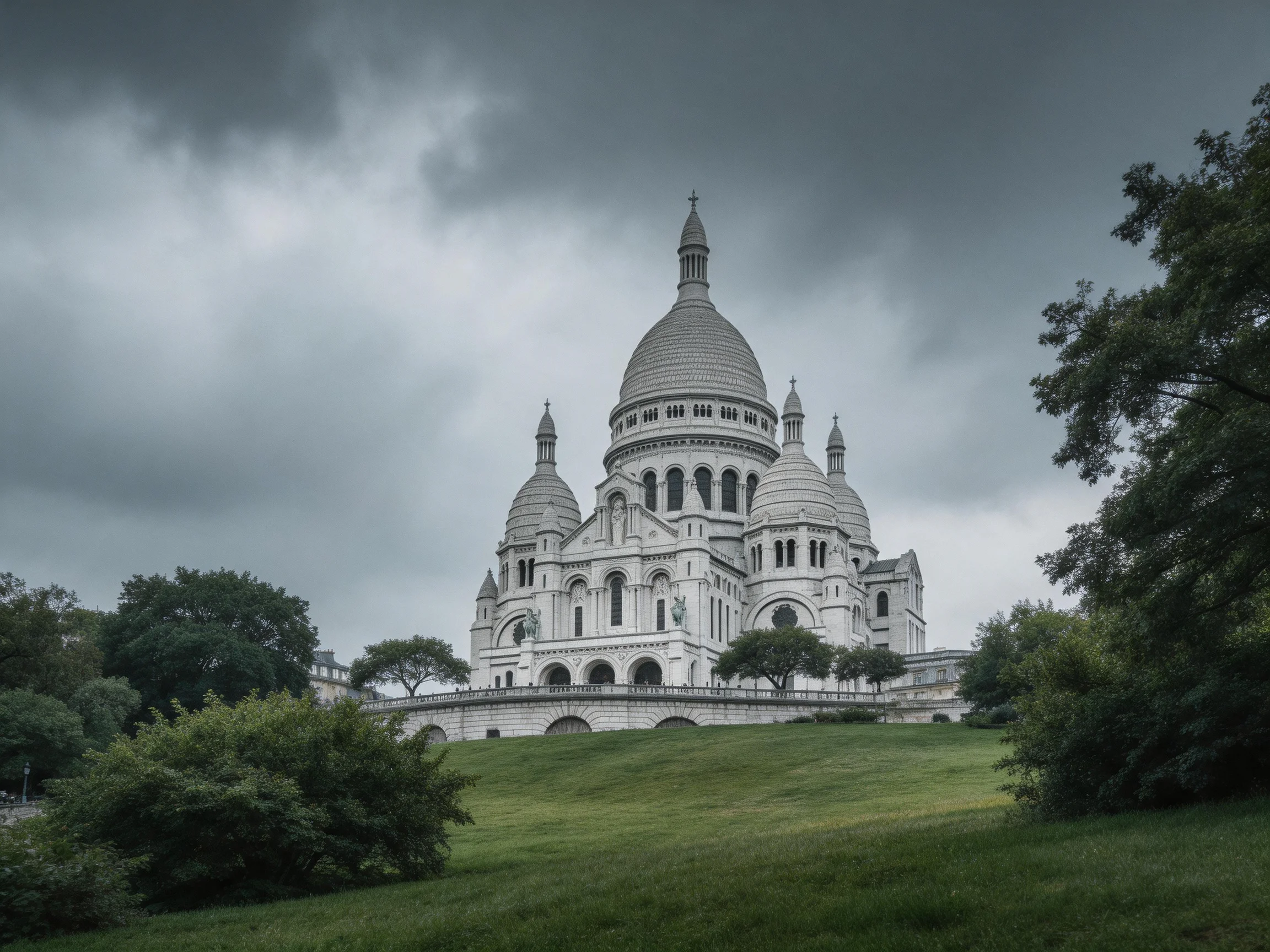 A grand white basilica surrounded by greenery under