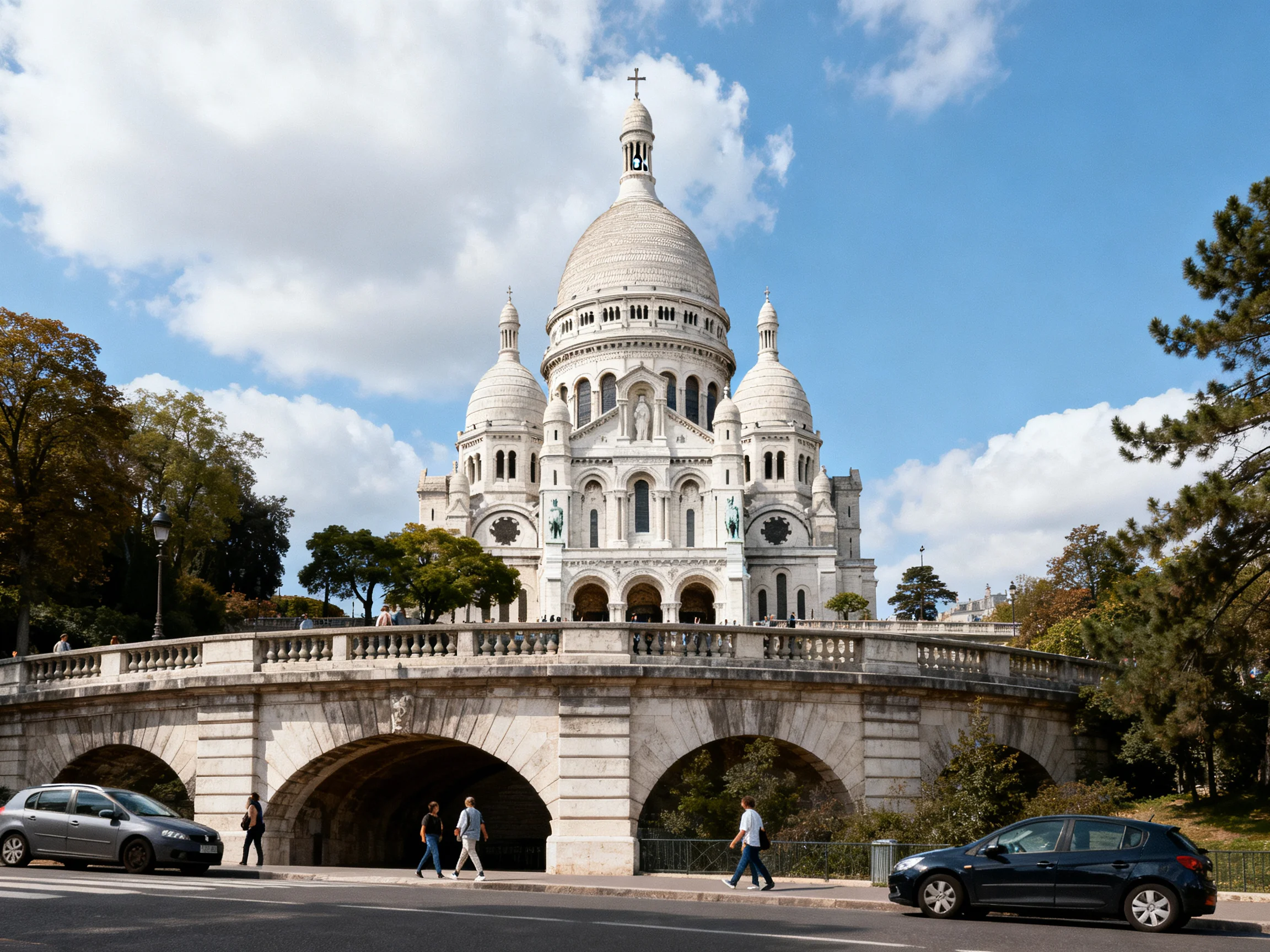 A grand white basilica with stone arches under a bright blue sky