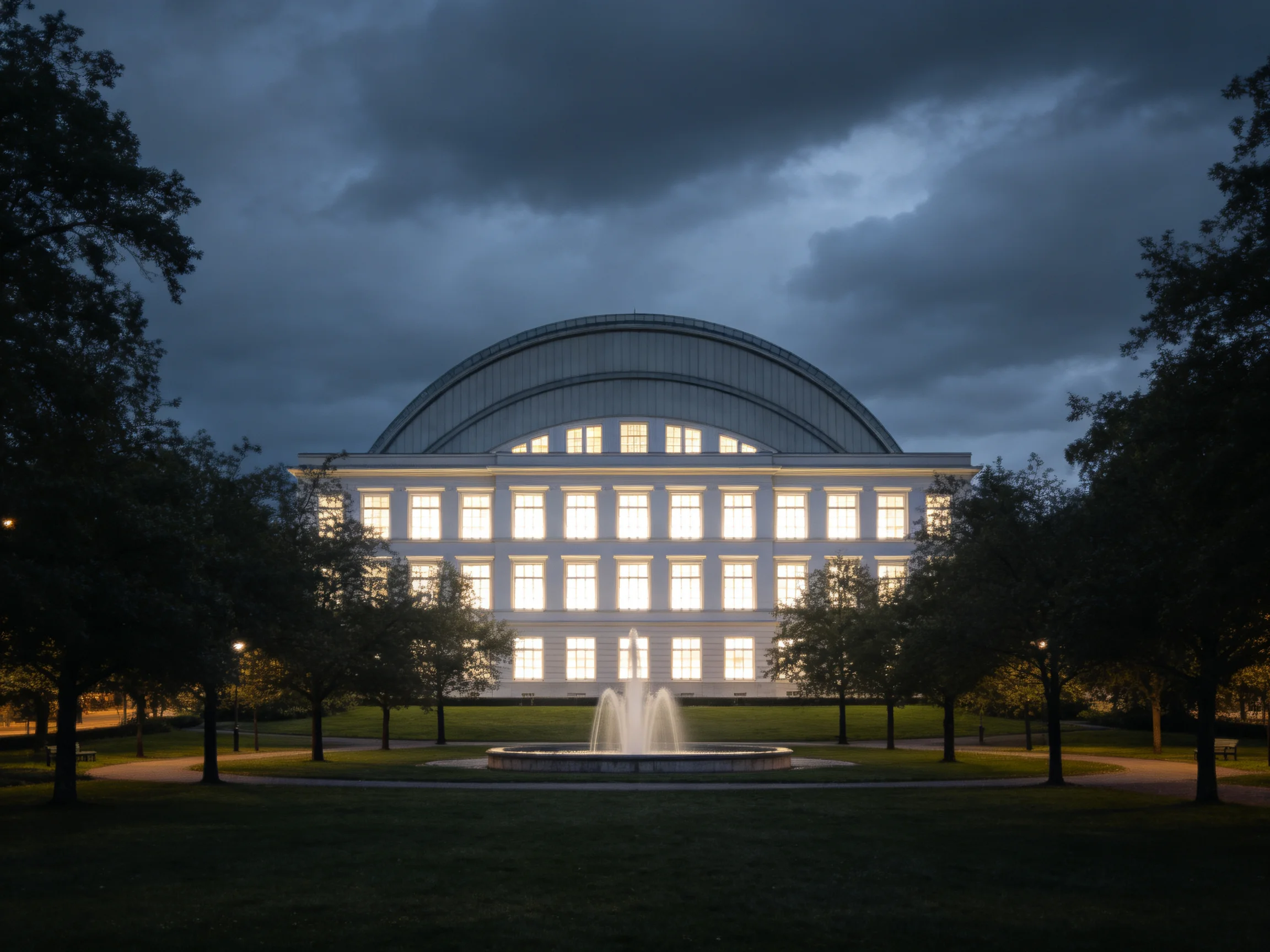 A grand white building with an arched roof, lit windows, and a central fountain