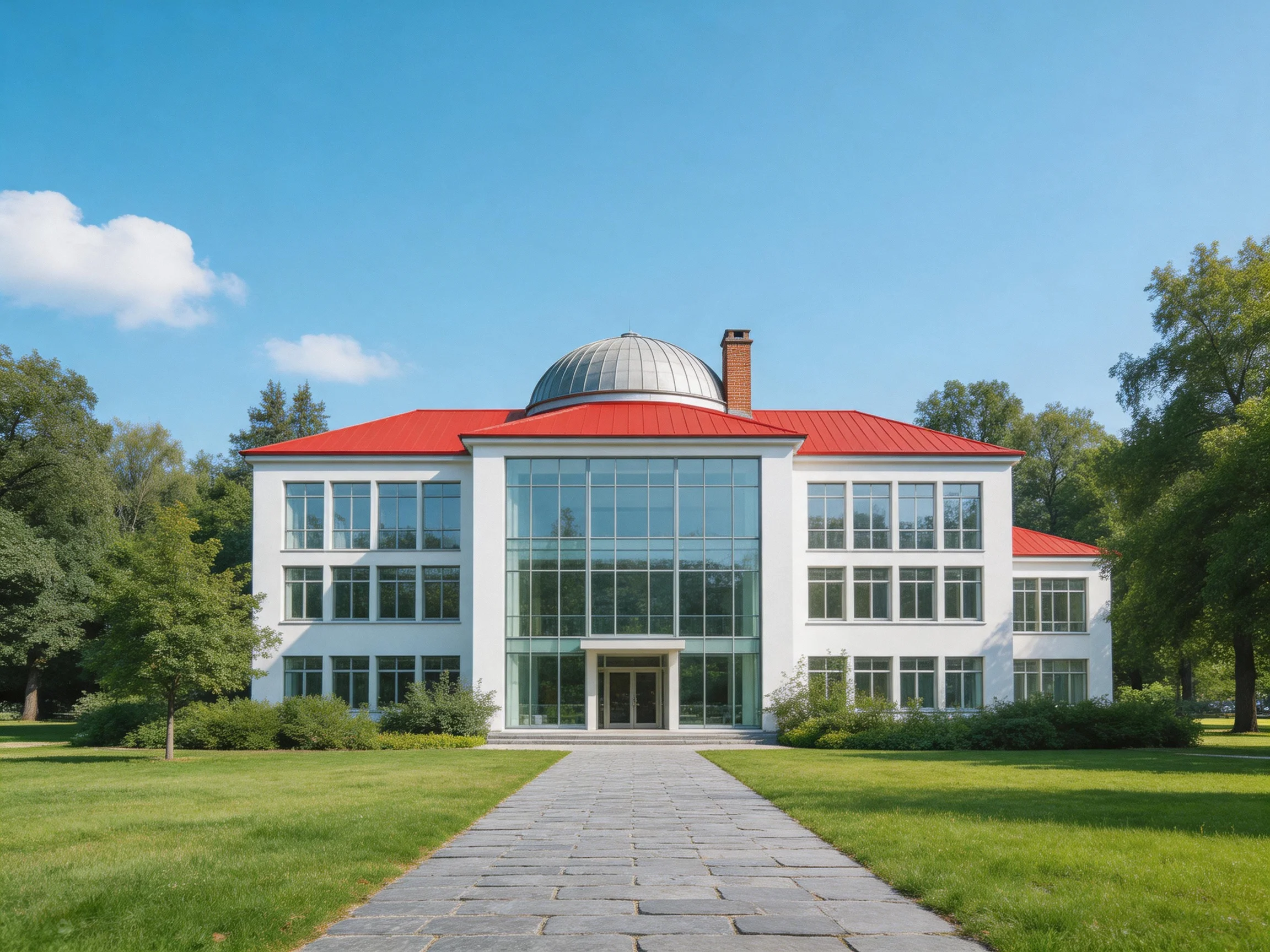A grand white building with red roof and glass facade