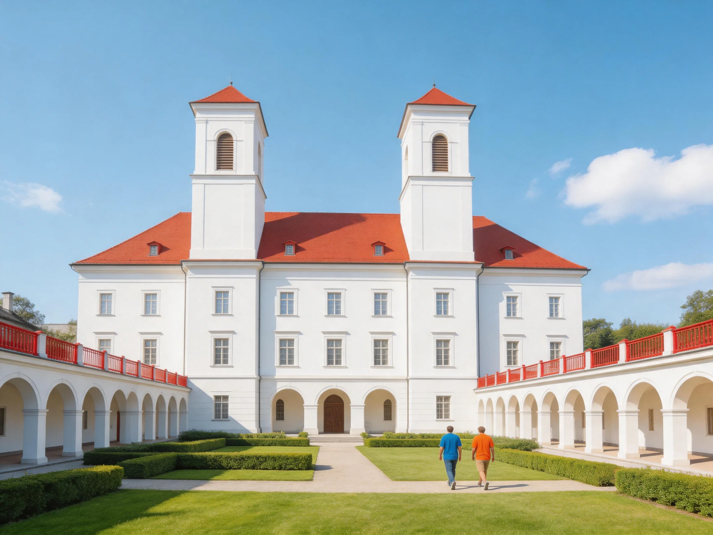 A grand white building with red roofs and towers in a sunny courtyard