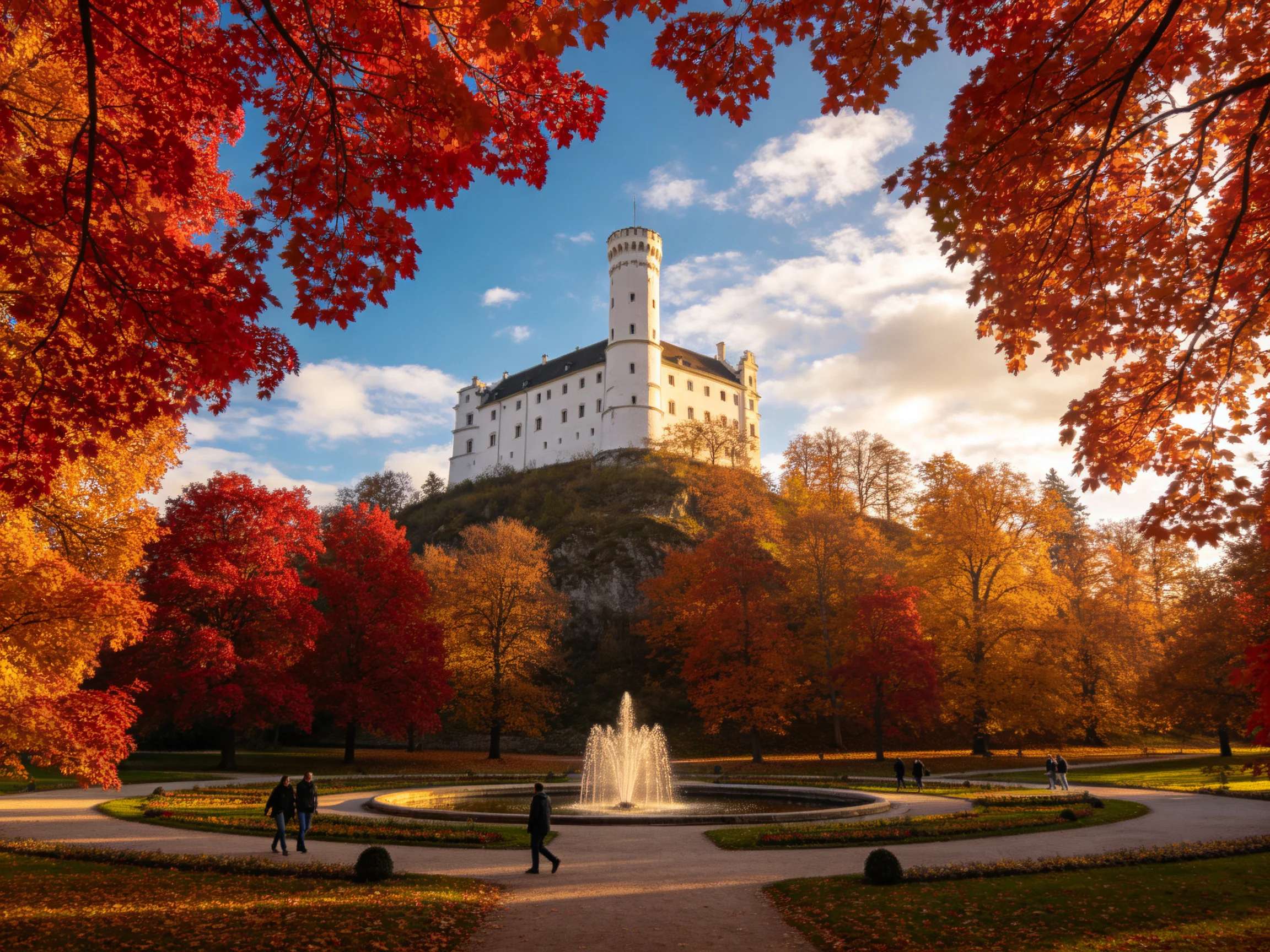 A grand white castle atop a hill with vibrant autumn trees