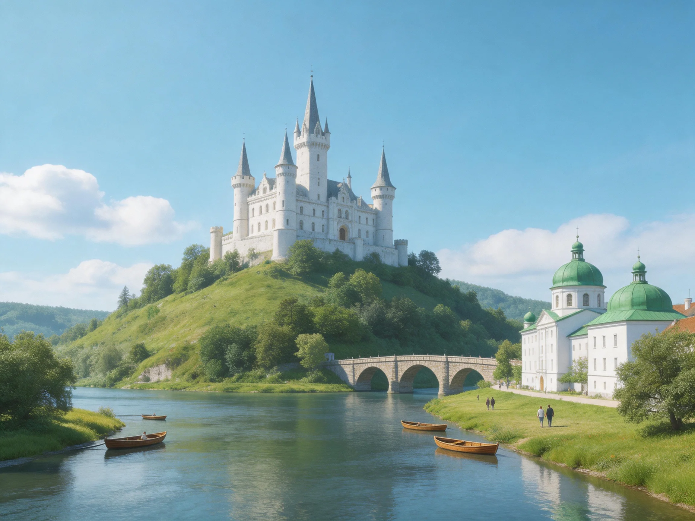 A grand white castle atop a lush green hill near a stone bridge