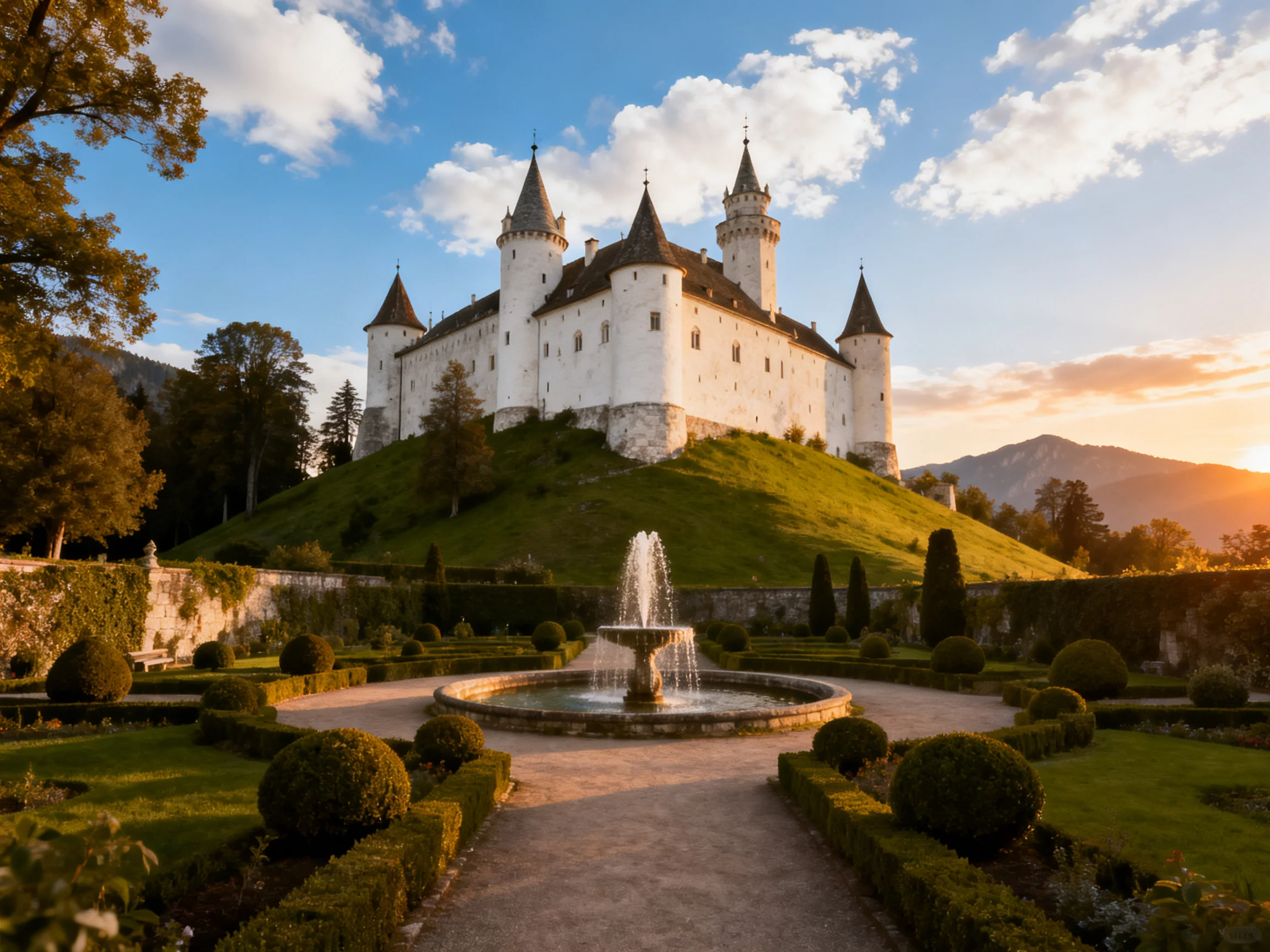 A grand white castle atop a lush green hill with ornate gardens